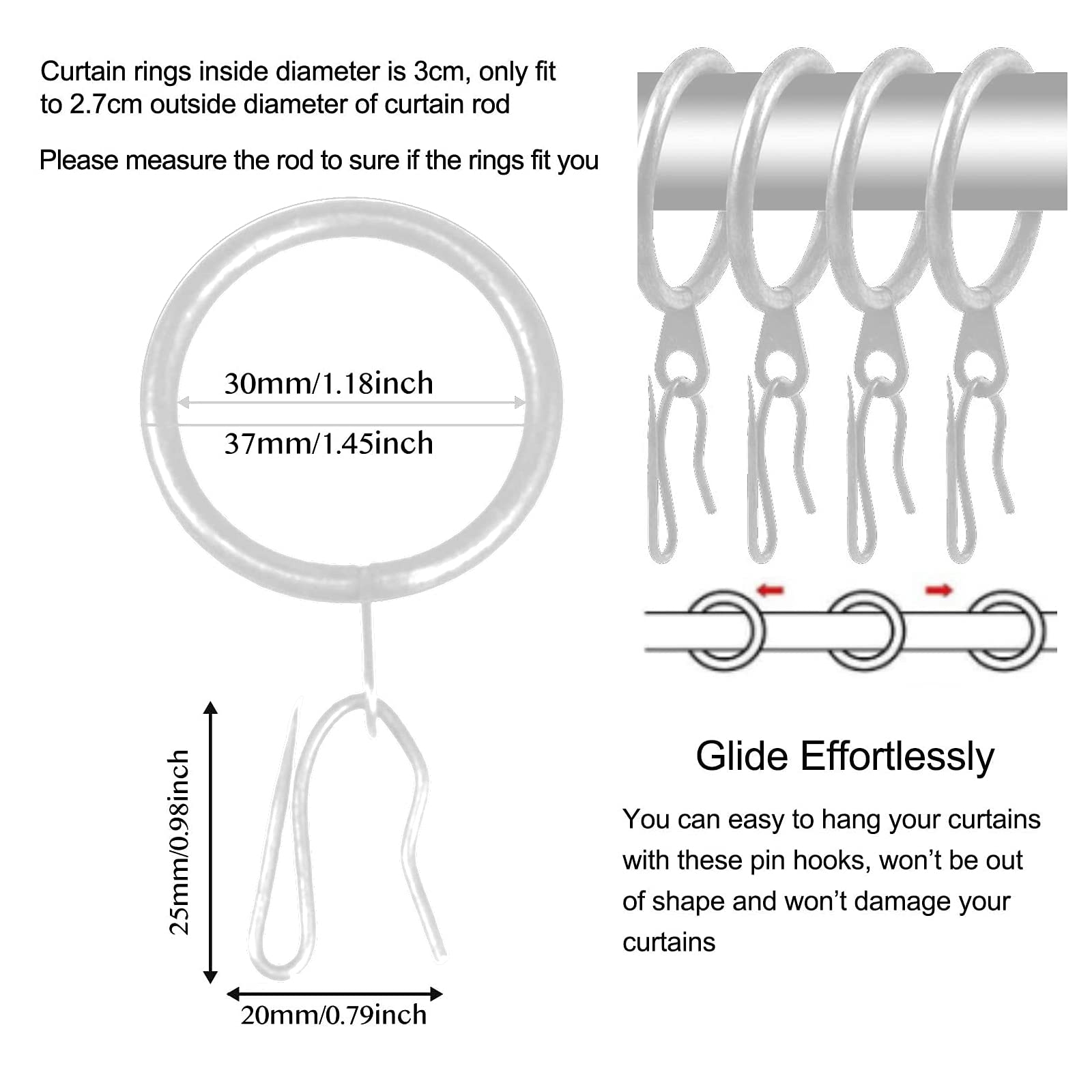 WISION 60 Pcs Metal Drapery Curtain Rings and Hooks 30 mm Internal Diameter Matt Silver for Easy Hanging and Stylish Window Treatments - View 2 of 7