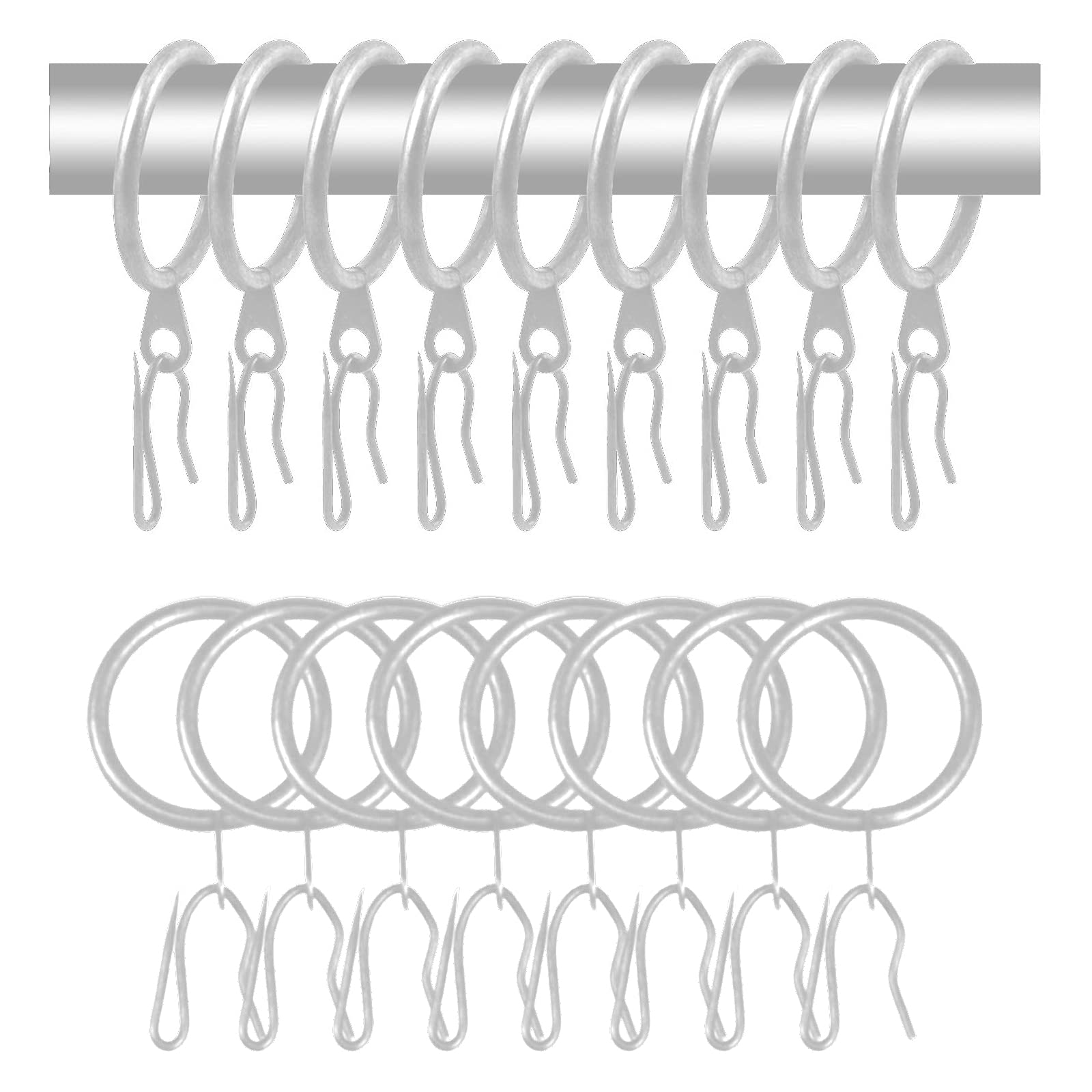 WISION 60 Pcs Metal Drapery Curtain Rings and Hooks 30 mm Internal Diameter Matt Silver for Easy Hanging and Stylish Window Treatments