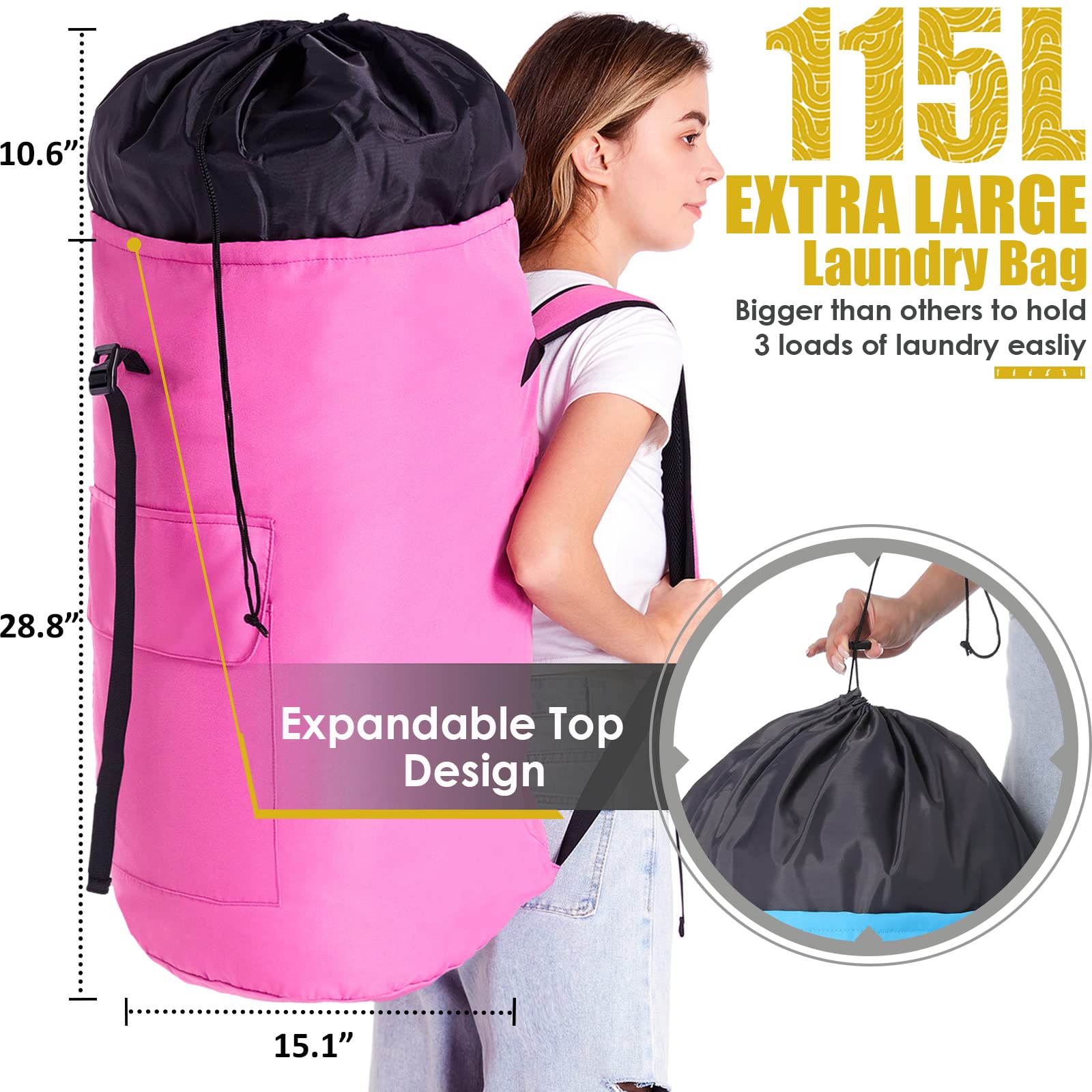 Ãzhido Extra Large Laundry Bag 115L with Straps Heavy Duty Backpack for College Dorm Room Essentials and Dirty Clothes Storage - View 3 of 5