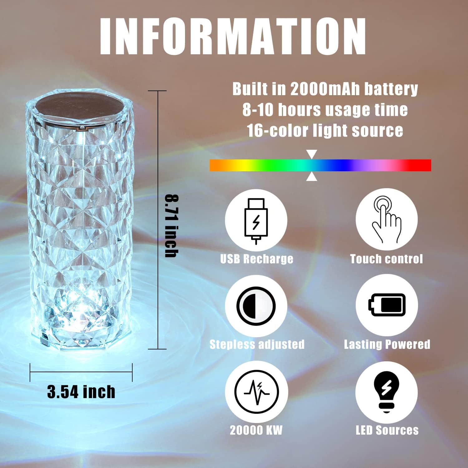 BGFHome BGFHome Crystal Table Lamp RGB Color Changing Night Light,Romantic LED Rose Diamond Touch Lamps for Living Room (Remote & Touch) - View 3 of 5
