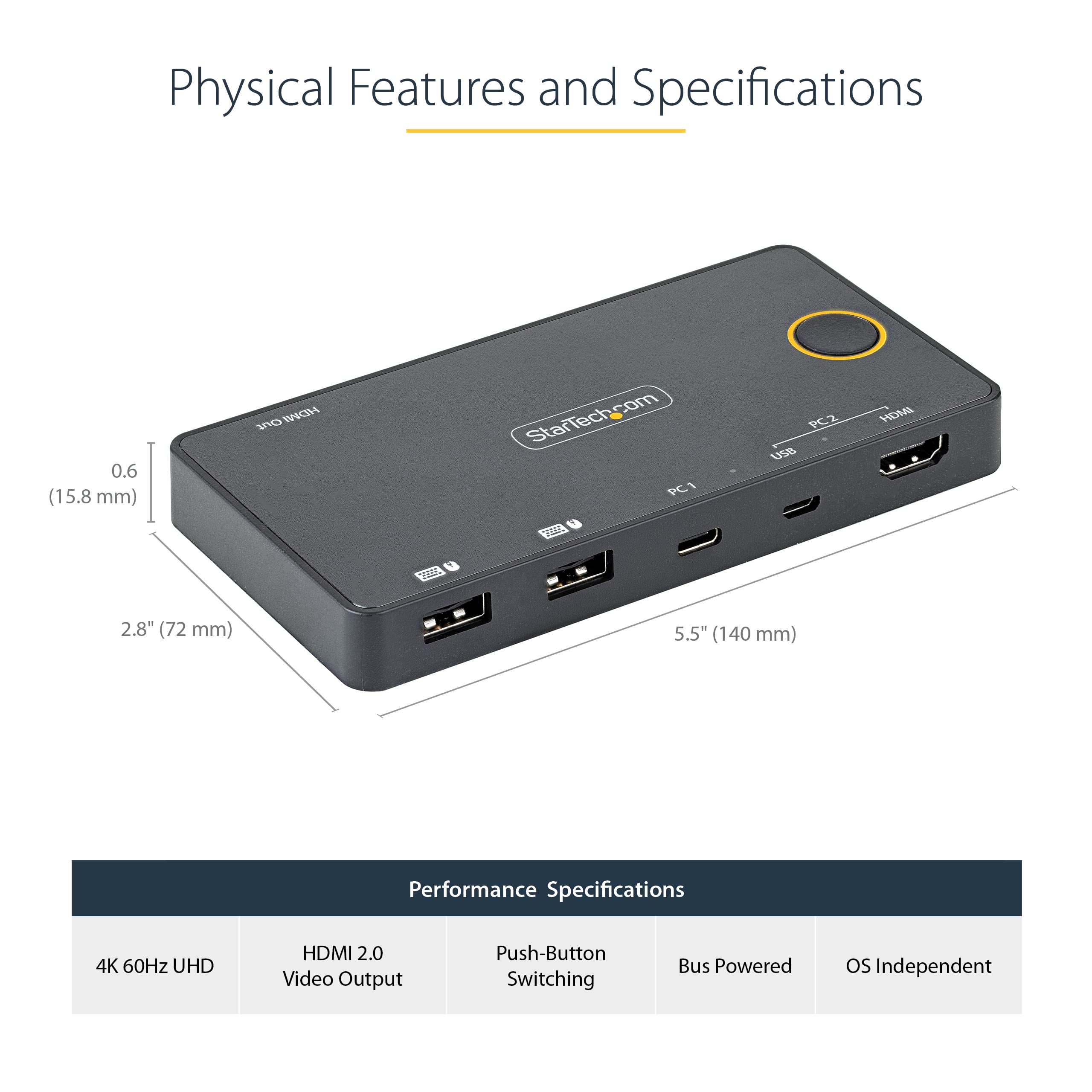 StarTech.com StarTech 2 Port Hybrid USB-A HDMI USB-C KVM Switch 4K 60Hz Compact Desktop Laptop Thunderbolt 3 Compatible USB Bus Powered - View 3 of 6