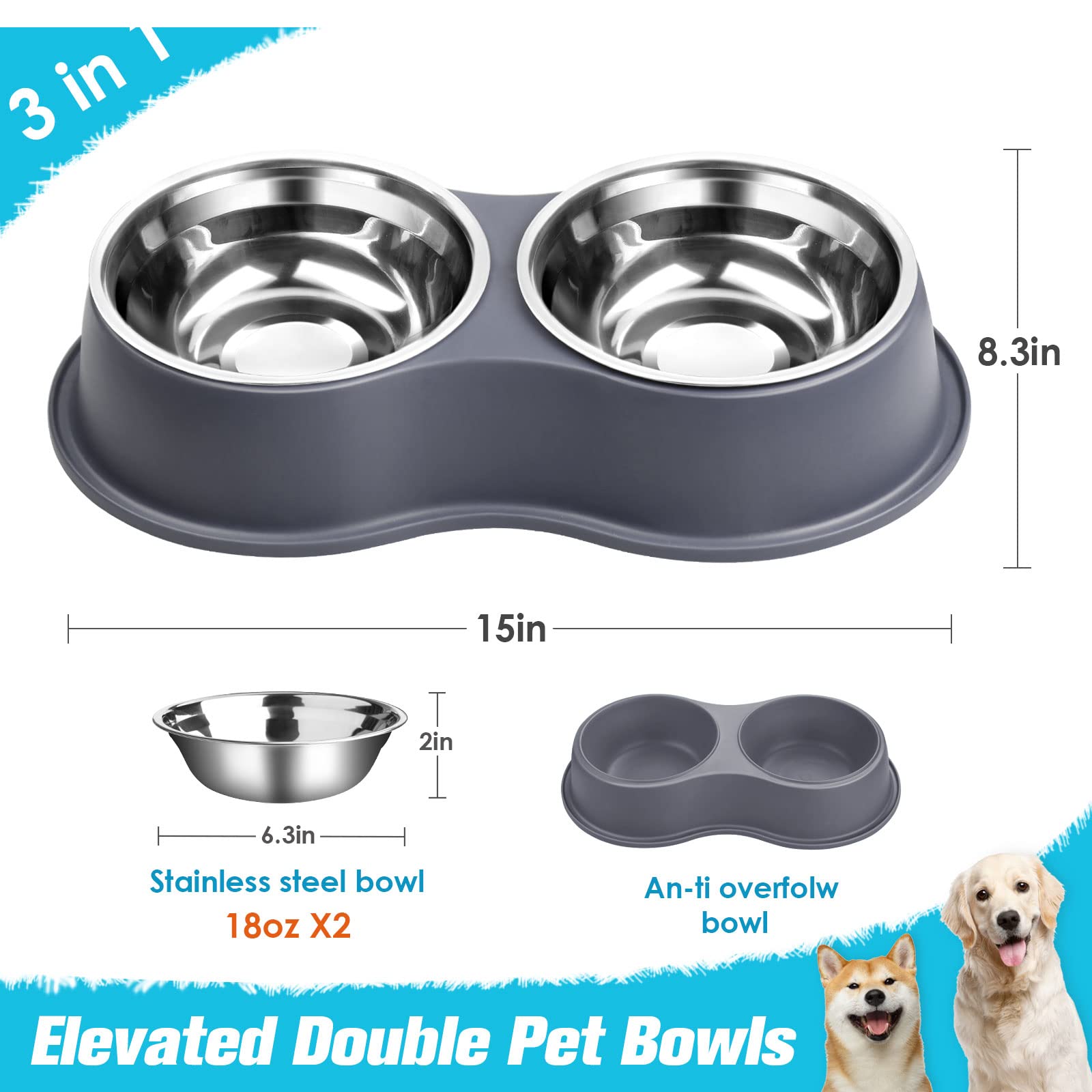 EpetsLove Epetslove Double Dog Bowls Stainless Steel Non-Slip Pet Feeder for Water and Food Ideal for Puppies Medium Dogs and Cats - View 2 of 7