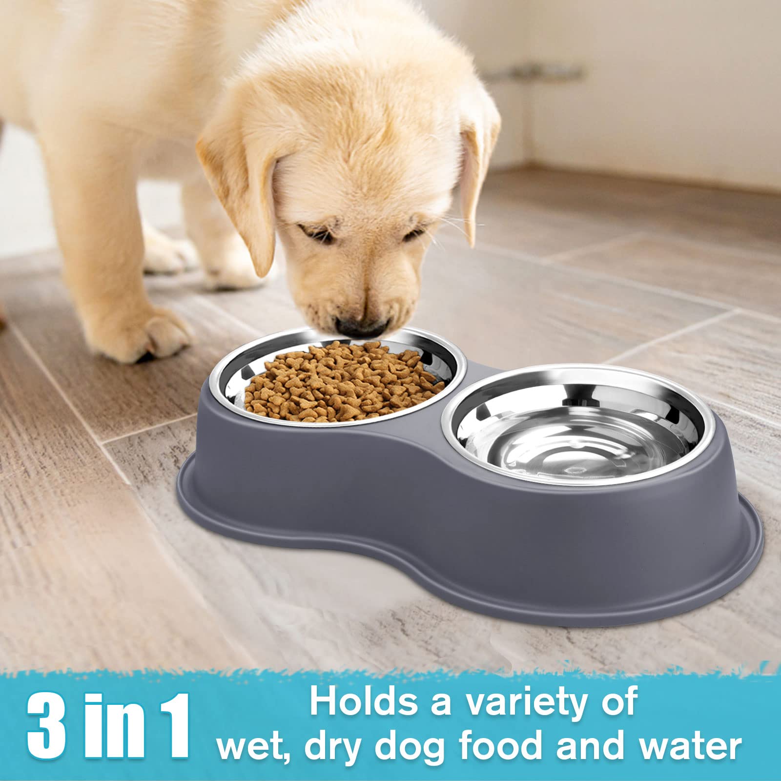 EpetsLove Epetslove Double Dog Bowls Stainless Steel Non-Slip Pet Feeder for Water and Food Ideal for Puppies Medium Dogs and Cats - View 5 of 7