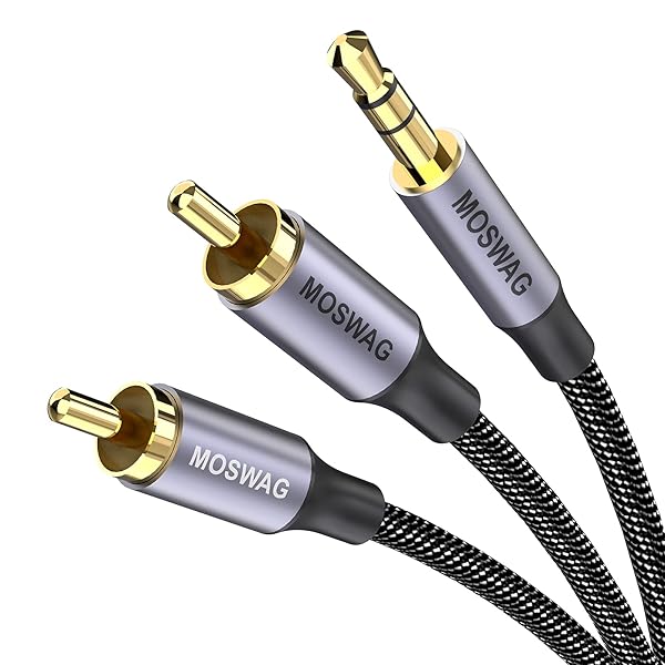 MOSWAG 1/8 to 2RCA Male Audio Adapter Cable - 6.6ft Hi-Fi Shielded Stereo Y Splitter for Smartphone, Tablet, HDTV & More