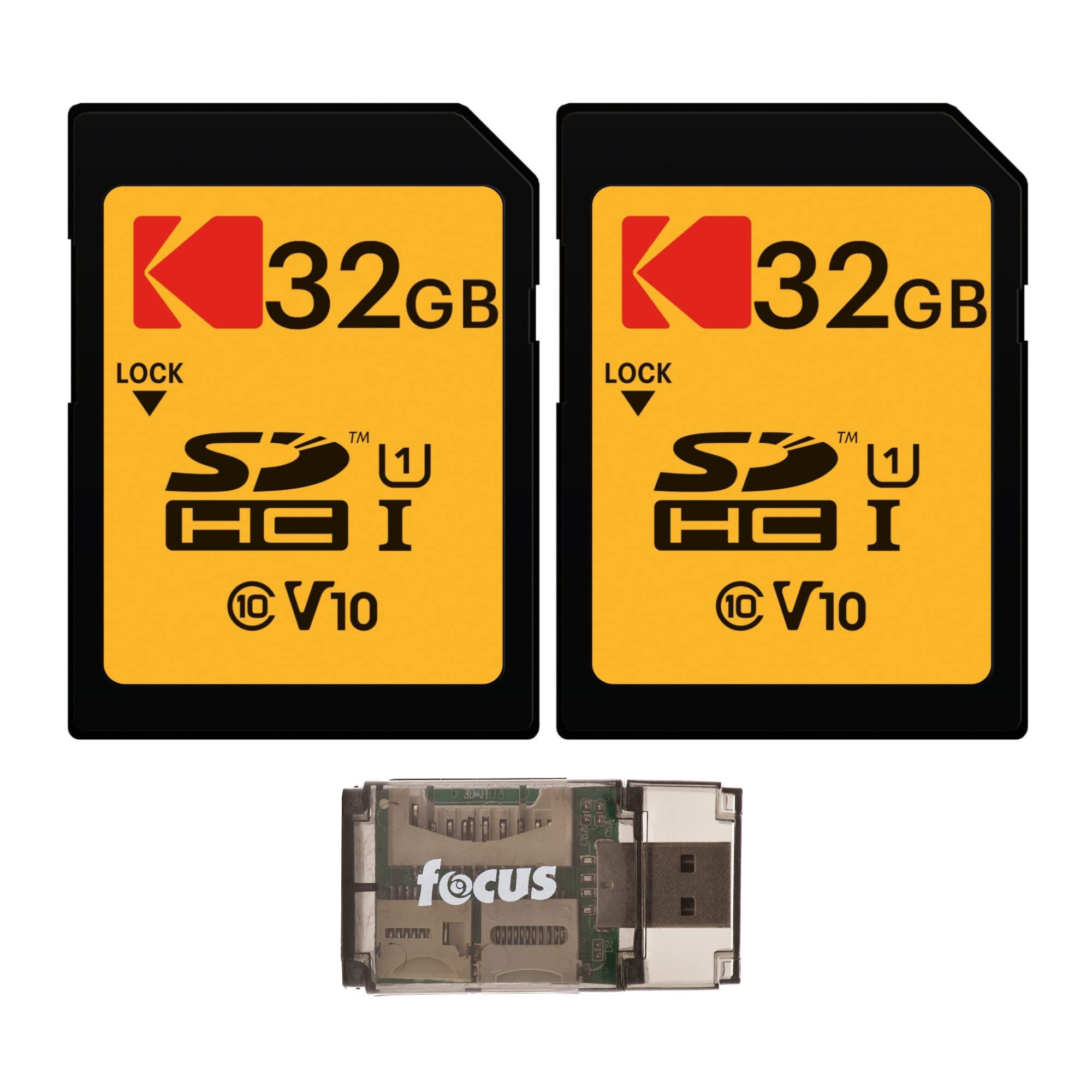 Kodak 32GB Class 10 UHS-I SDHC Memory Card 2-Pack with Focus USB Card Reader Bundle for High-Speed Data Transfer