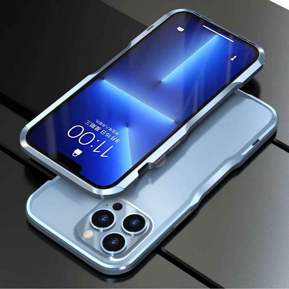 HENGHUI iPhone 13 Pro Max Aluminum Bumper Case Slim Shock Absorbent Metal Frame Light Blue Cool Design