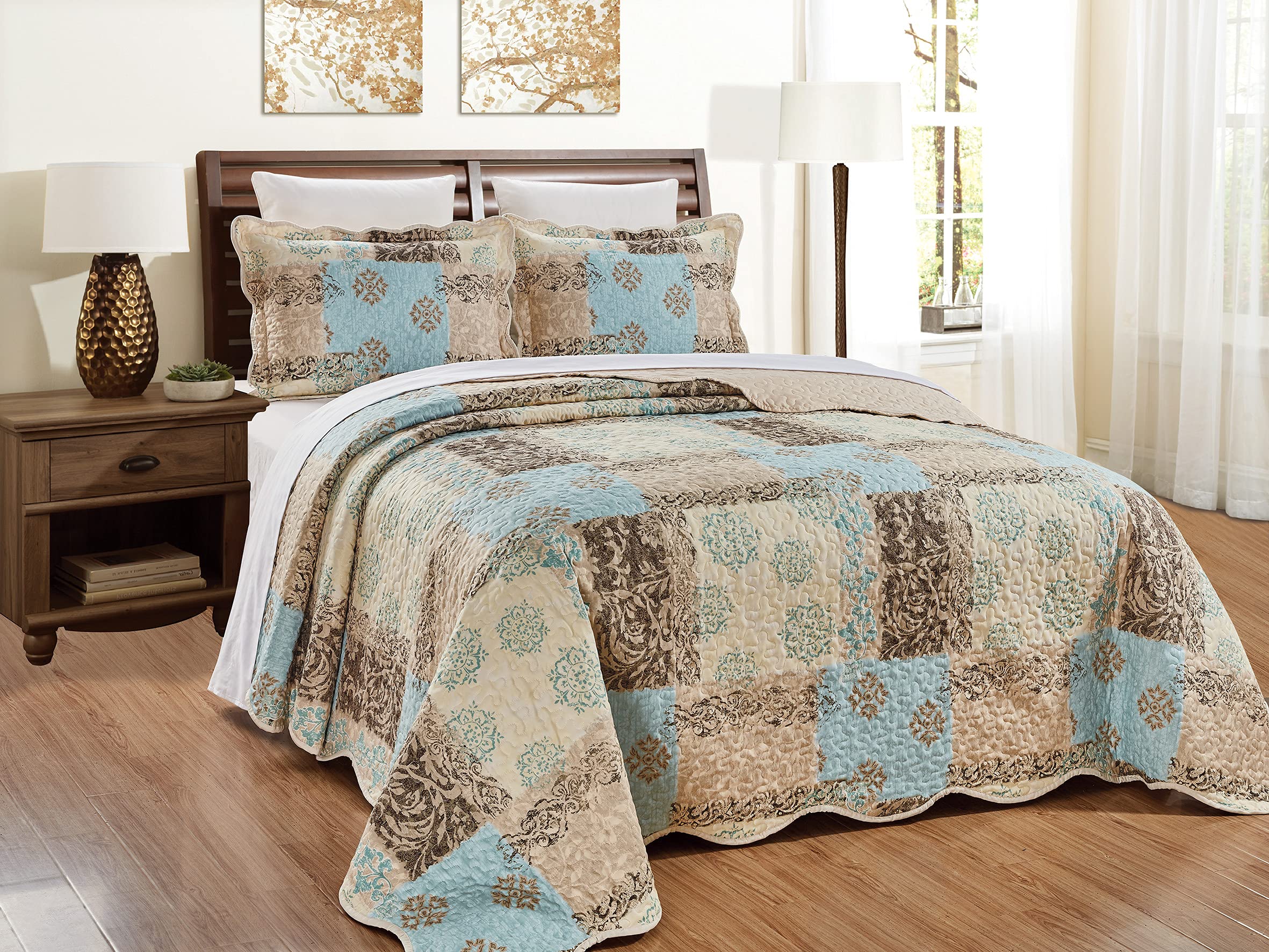 Masterplay Masterplay Oversize Quilt Set 100x95 Light Blue Beige Brown Floral Queen Bedspread Coverlet 3 Piece - View 2 of 6