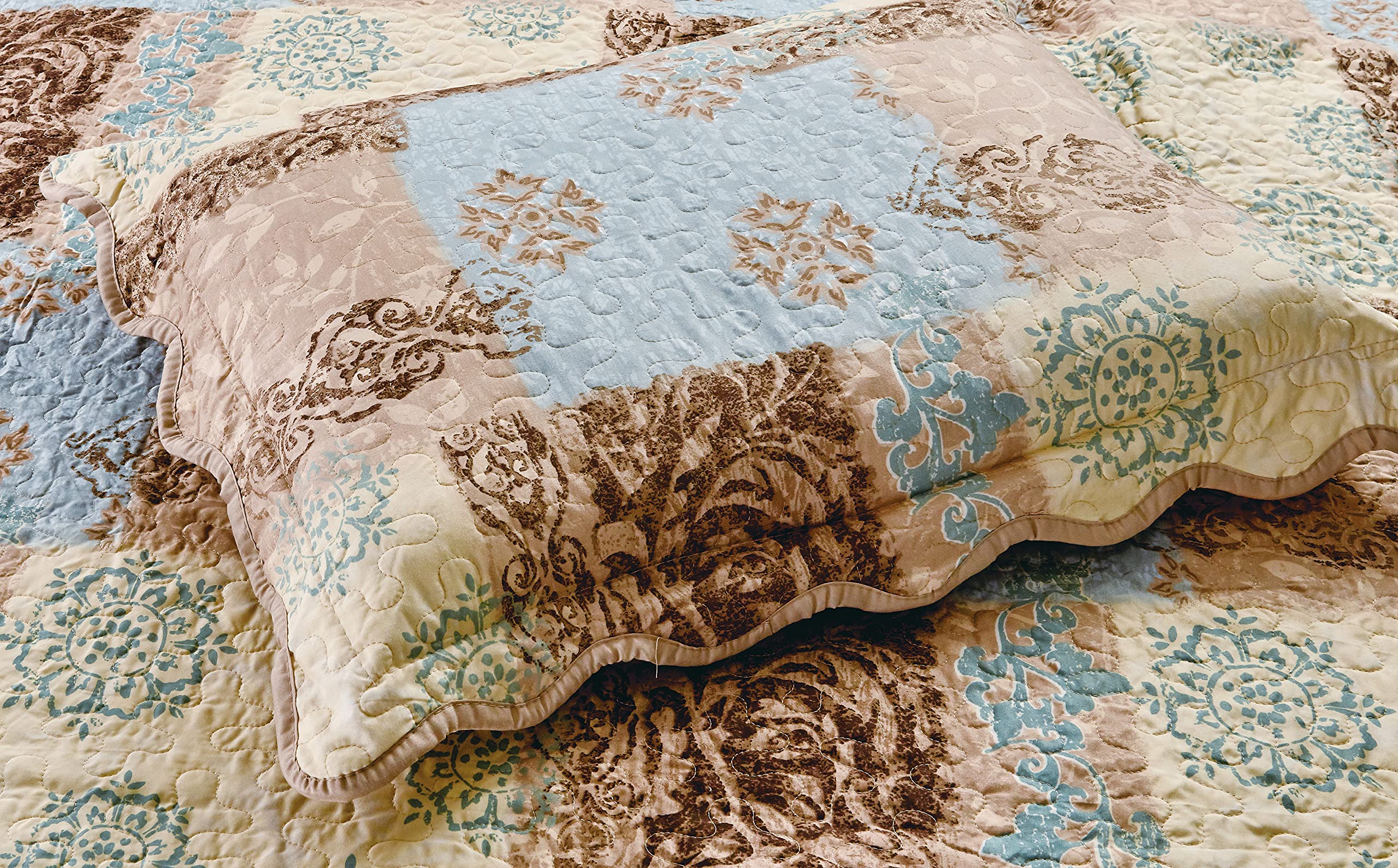 Masterplay Masterplay Oversize Quilt Set 100x95 Light Blue Beige Brown Floral Queen Bedspread Coverlet 3 Piece - View 3 of 6