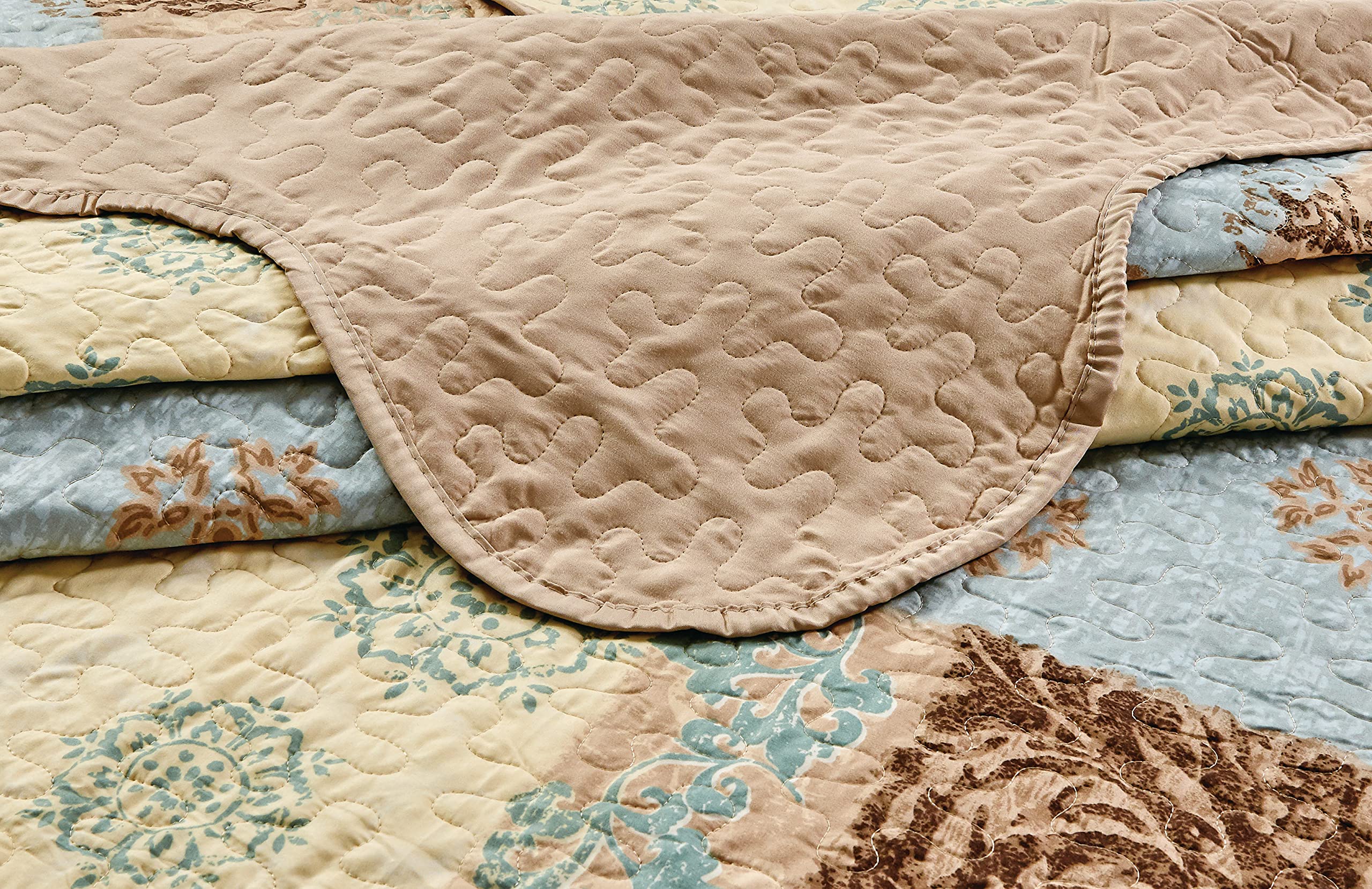 Masterplay Masterplay Oversize Quilt Set 100x95 Light Blue Beige Brown Floral Queen Bedspread Coverlet 3 Piece - View 4 of 6