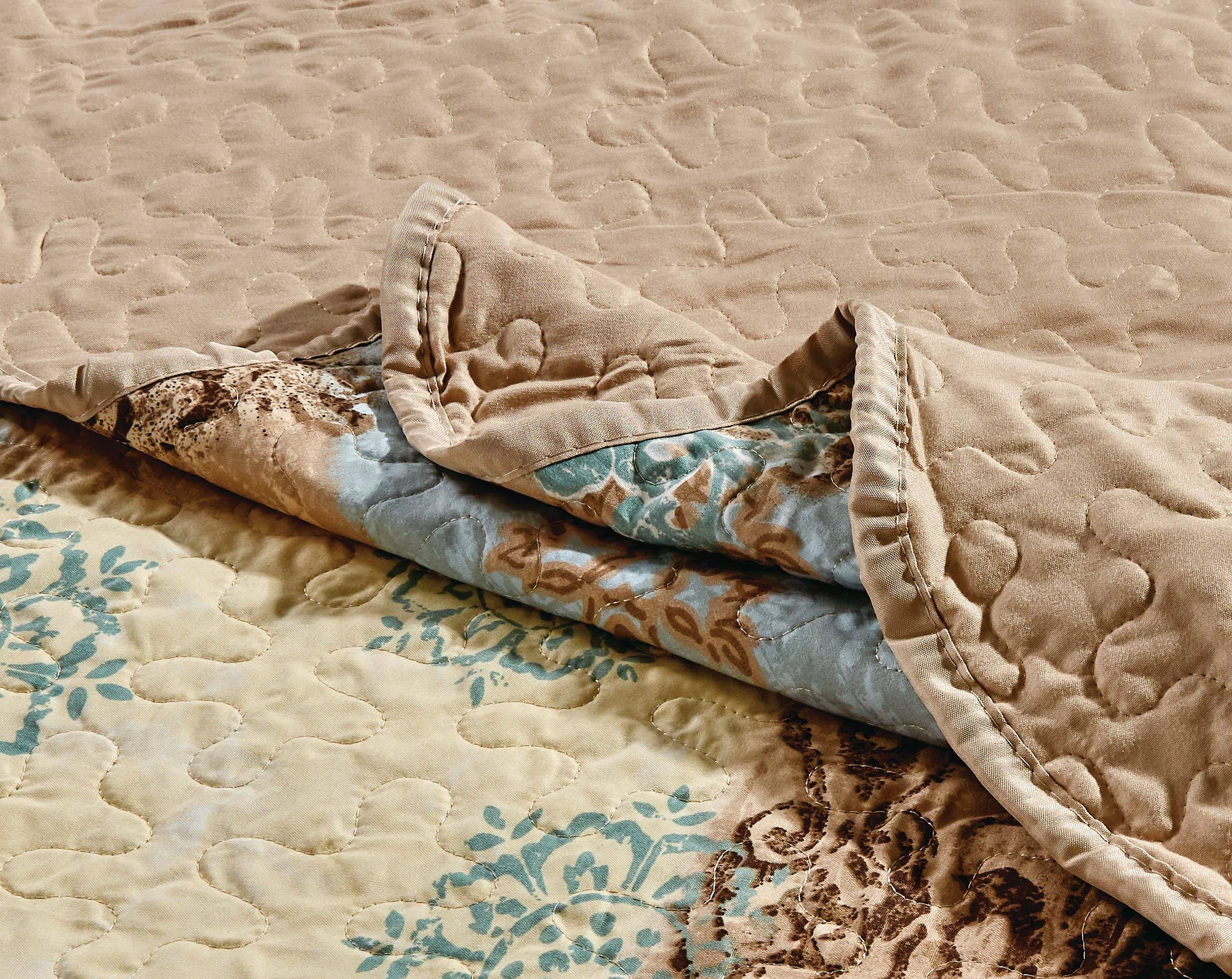 Masterplay Masterplay Oversize Quilt Set 100x95 Light Blue Beige Brown Floral Queen Bedspread Coverlet 3 Piece - View 5 of 6