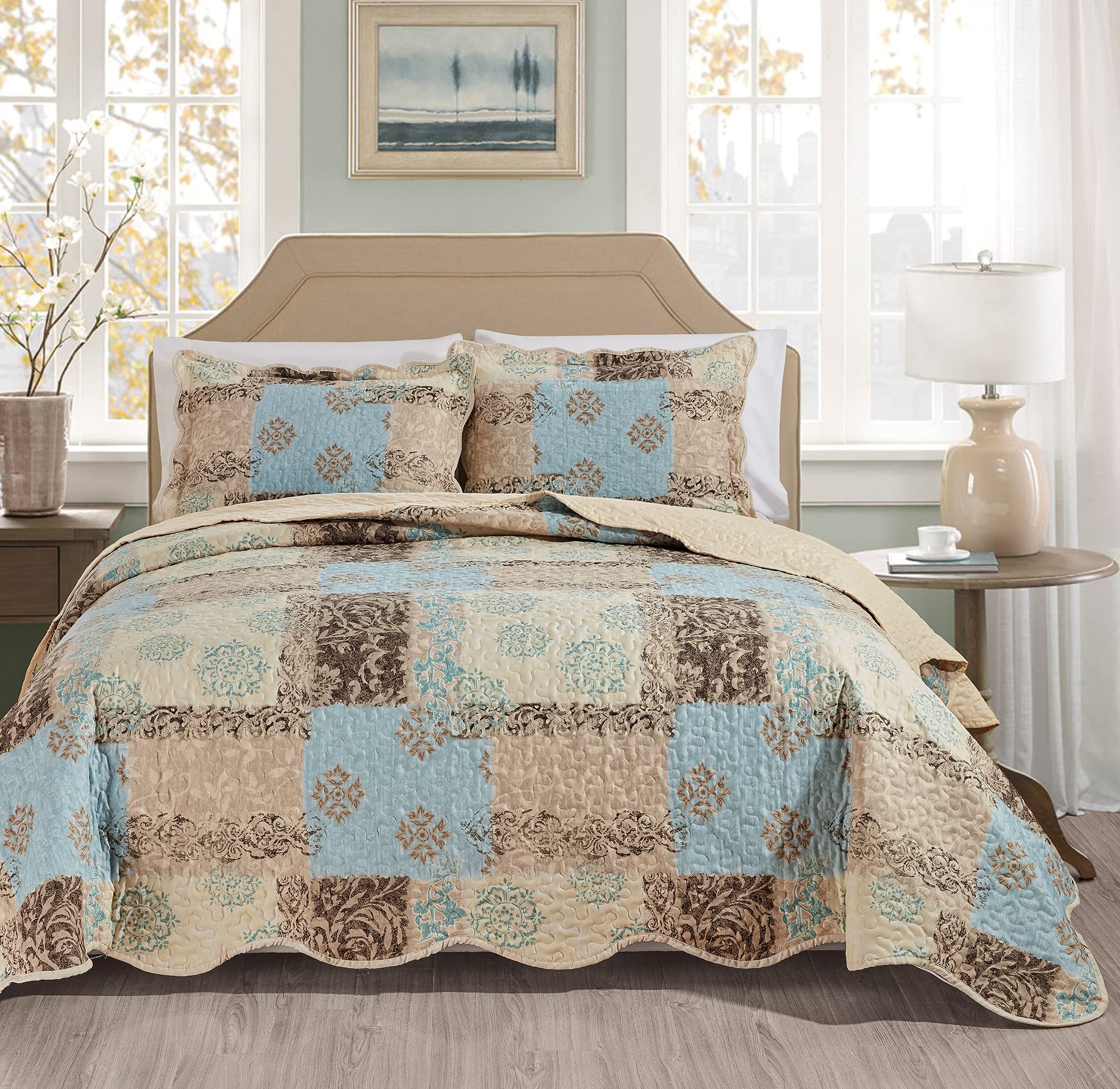 Masterplay Masterplay Oversize Quilt Set 100x95 Light Blue Beige Brown Floral Queen Bedspread Coverlet 3 Piece