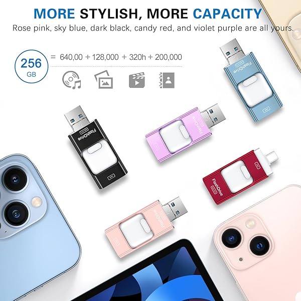 ZARMST 256GB Flash Drive for iPhone 4 in 1 USB Type C Memory Stick External Storage for iPhone iPad Android Computer Dark Black - View 7 of 10