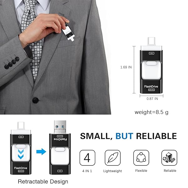 ZARMST 256GB Flash Drive for iPhone 4 in 1 USB Type C Memory Stick External Storage for iPhone iPad Android Computer Dark Black - View 10 of 10