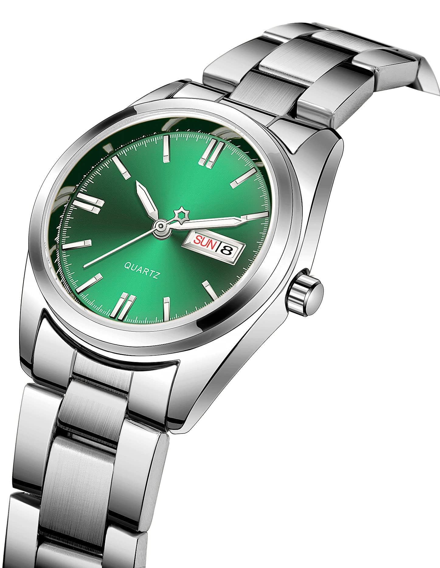 CARLIEN Carlien Women's Luxury Luminous Waterproof Calendar Stainless Steel Dress Quartz Watch Silver Green - View 2 of 6