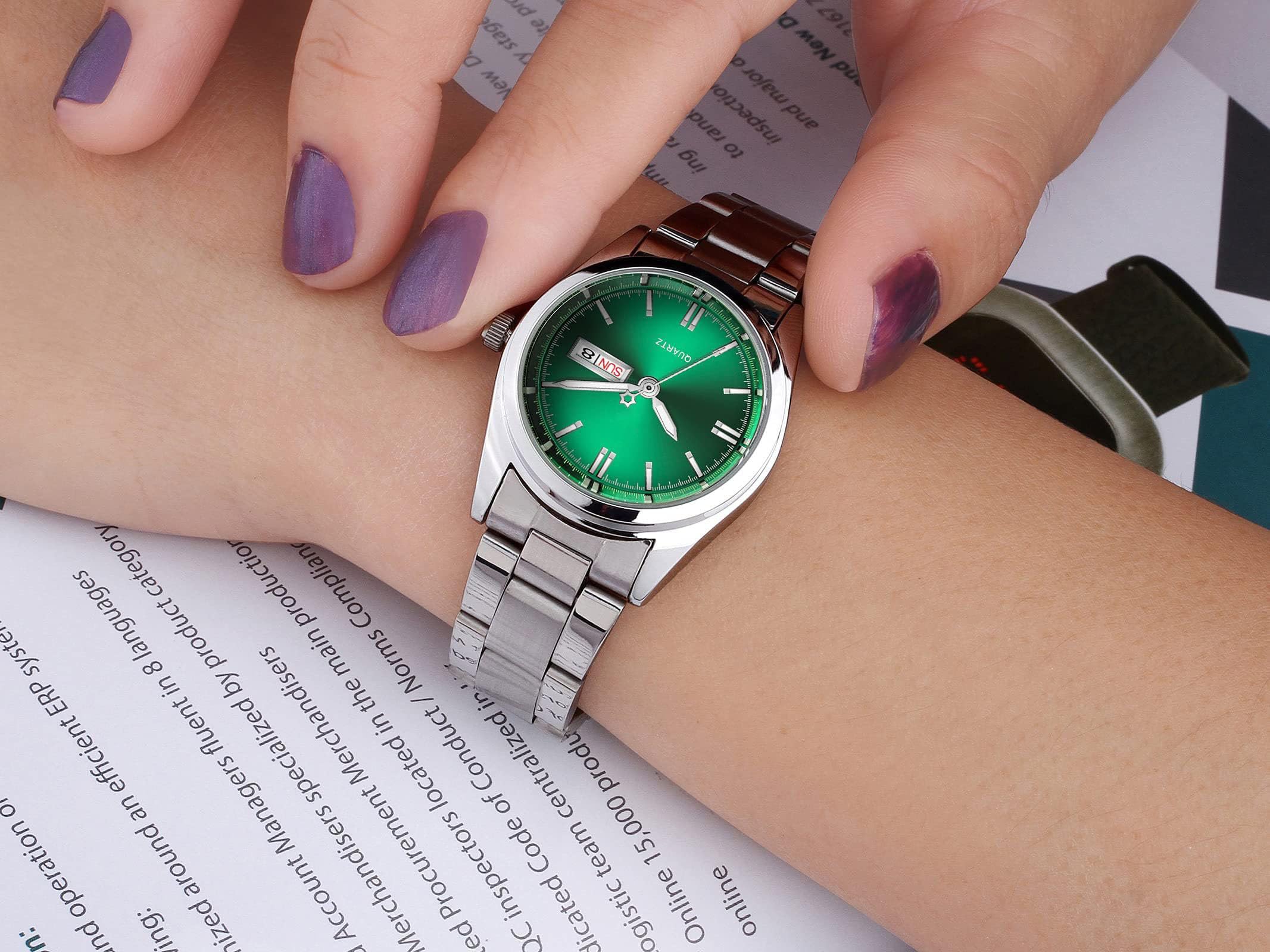 CARLIEN Carlien Women's Luxury Luminous Waterproof Calendar Stainless Steel Dress Quartz Watch Silver Green - View 4 of 6