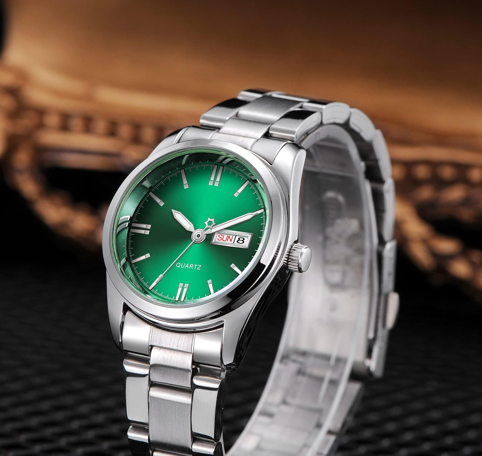 CARLIEN Carlien Women's Luxury Luminous Waterproof Calendar Stainless Steel Dress Quartz Watch Silver Green - View 5 of 6