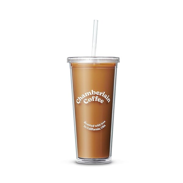 Chamberlain Coffee Chamberlain Coffee Tumbler: 24 Oz Insulated Clear Cup with Lid & Straw for Iced Coffee, Cold Brew & Matcha