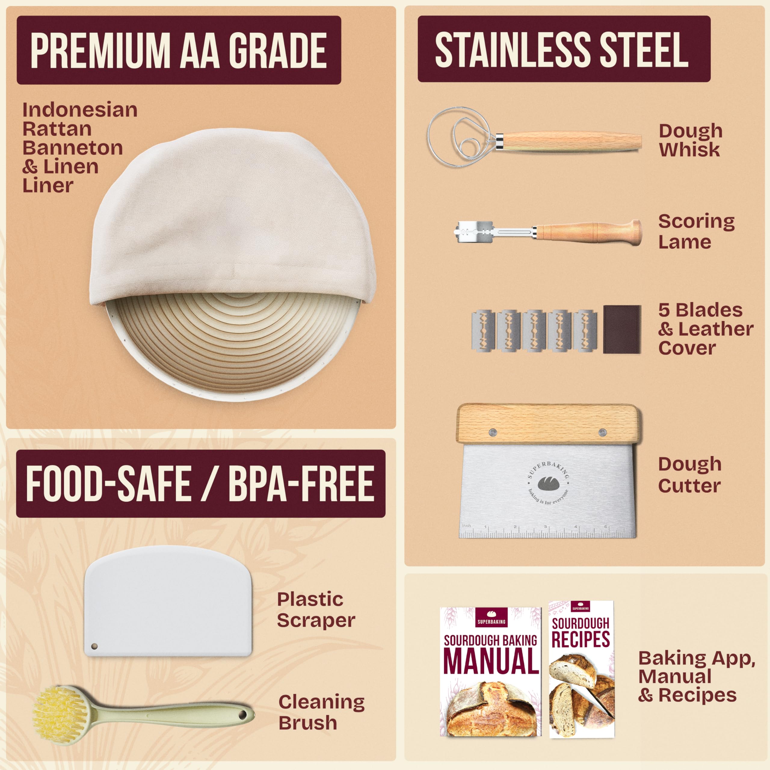 Superbaking Superbaking Banneton Bread Proofing Basket 9 Inch Sourdough Starter Kit for Perfect Bread Baking Supplies and Tools - View 3 of 9