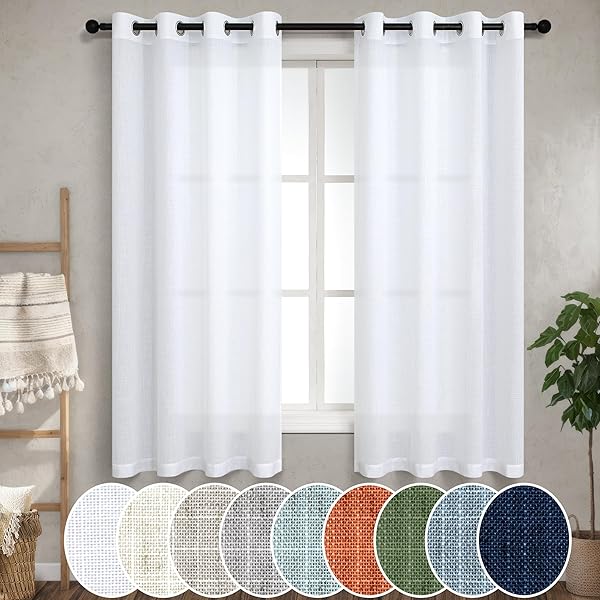 Pitalk White Sheer Curtains 45 Inch - 2 Panel Set for Bathroom & Kitchen | Non-See Through Linen Cafe Window Treatments