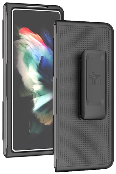 Nakedcellphone Galaxy Z Fold 3 5G Case with Clip & Holster - Slim Hard Cover & Stand Combo for Samsung Z Fold3 (SM-F926) - Black Tread - View 4 of 11