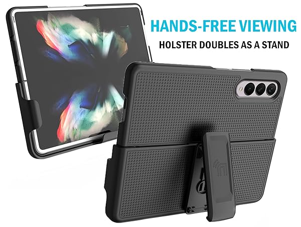 Nakedcellphone Galaxy Z Fold 3 5G Case with Clip & Holster - Slim Hard Cover & Stand Combo for Samsung Z Fold3 (SM-F926) - Black Tread - View 6 of 11