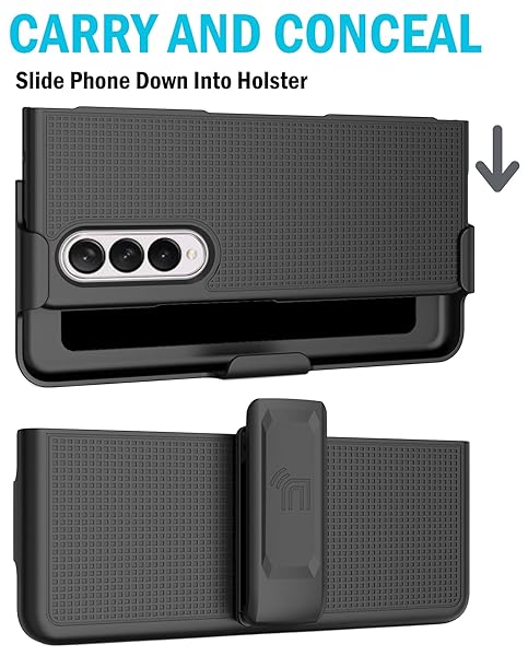 Nakedcellphone Galaxy Z Fold 3 5G Case with Clip & Holster - Slim Hard Cover & Stand Combo for Samsung Z Fold3 (SM-F926) - Black Tread - View 7 of 11