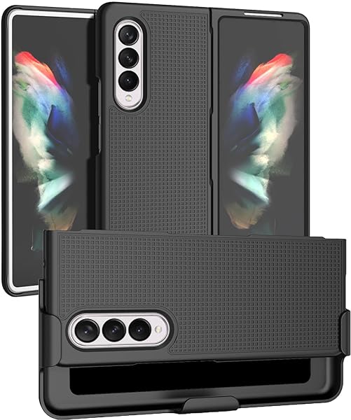 Nakedcellphone Galaxy Z Fold 3 5G Case with Clip & Holster - Slim Hard Cover & Stand Combo for Samsung Z Fold3 (SM-F926) - Black Tread - View 2 of 11