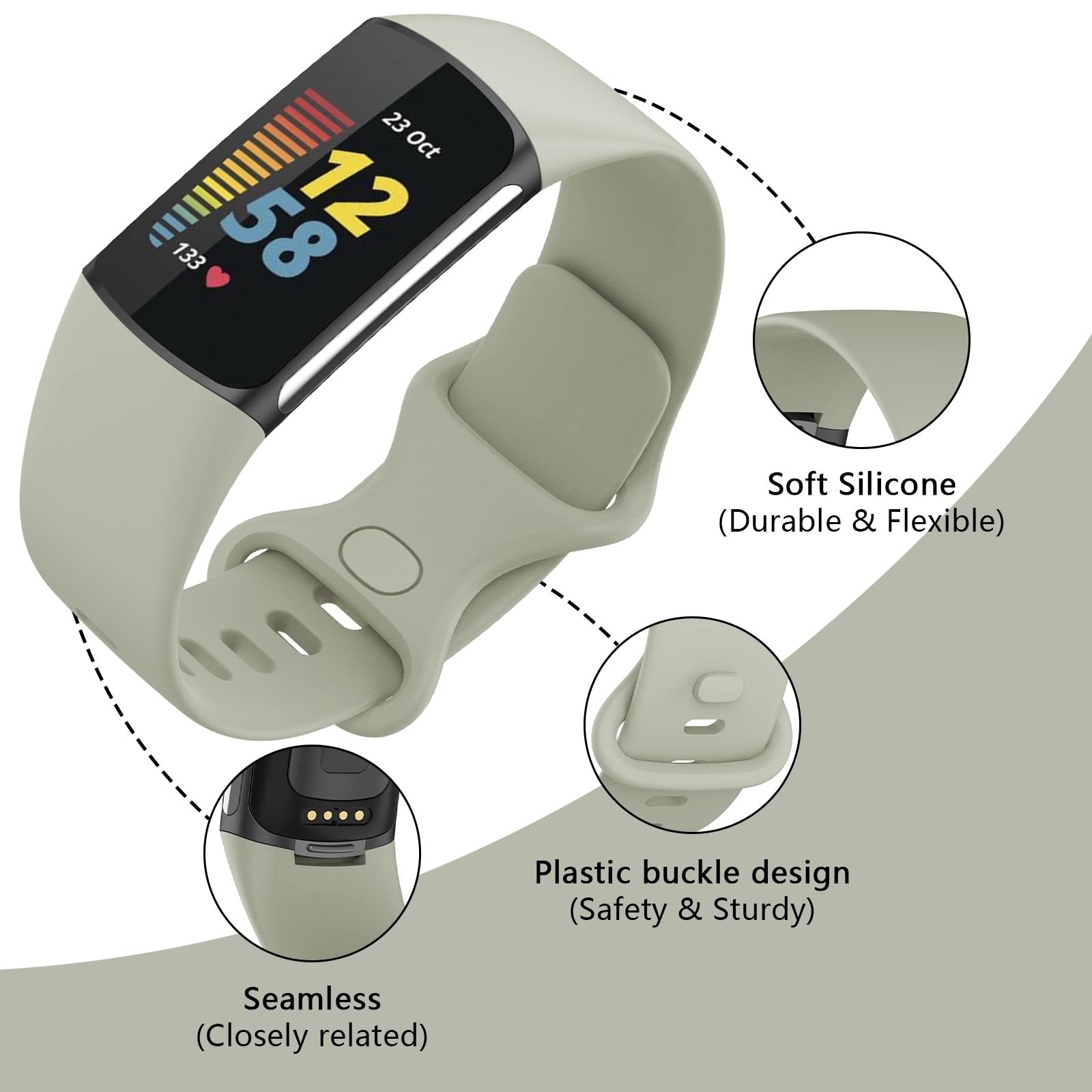 TopPerfekt TopPerfekt Adjustable Soft Silicone Bands for Fitbit Charge 5 Sport Replacement Wristbands for Men and Women in Rock Ash Large - View 3 of 7