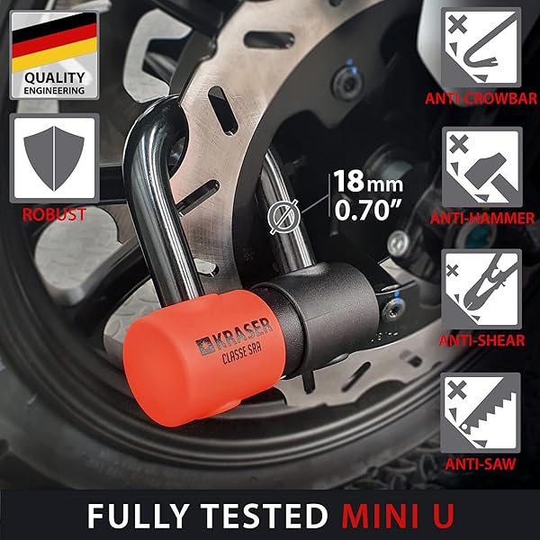 KRASER KRASER KR50+120L Motorcycle Chain Lock & Mini U Disc Lock - Heavy Duty Anti-Theft Security Kit for Bikes & Scooters - View 6 of 11