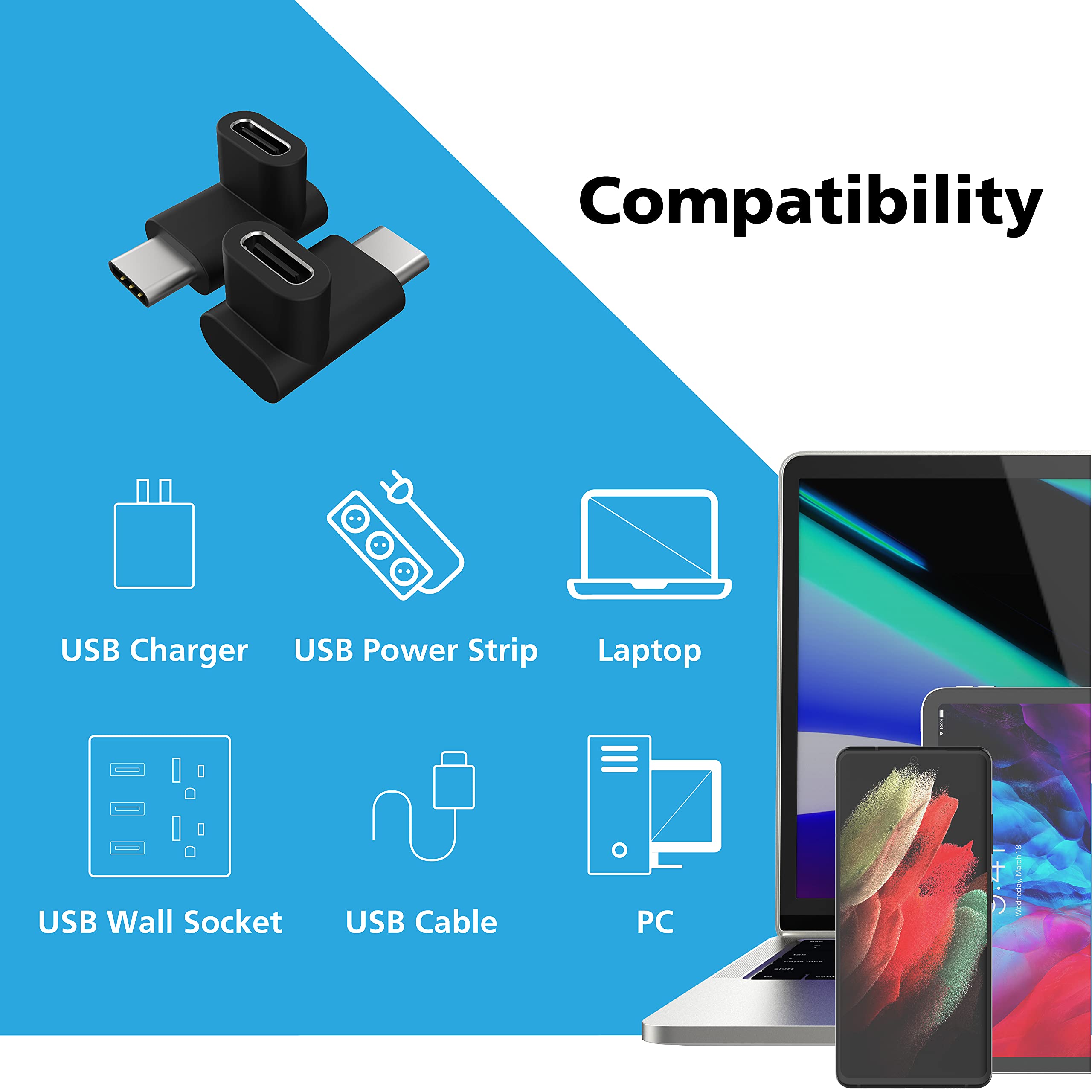 Akasa Akasa Right Angle USB Type-C Male to Female Adapter 10 Gbps Data Transfer Fast Charge for Laptop PC USB C Device Black 2 Pack - View 6 of 7