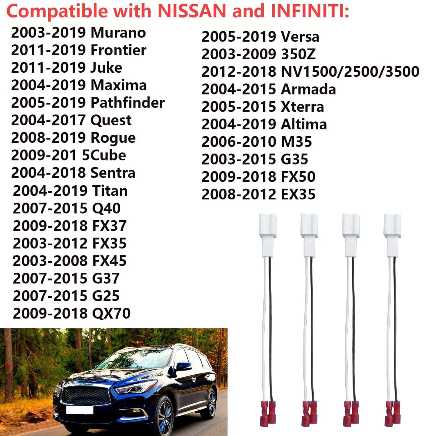 VKVXCLON 4Pcs Speaker Wire Harness for 2004-2021 Nissan Altima Titan Frontier Versa Xterra Pathfinder and 2006-2018 Infiniti M35 Q40 G25 QX70 - View 2 of 8