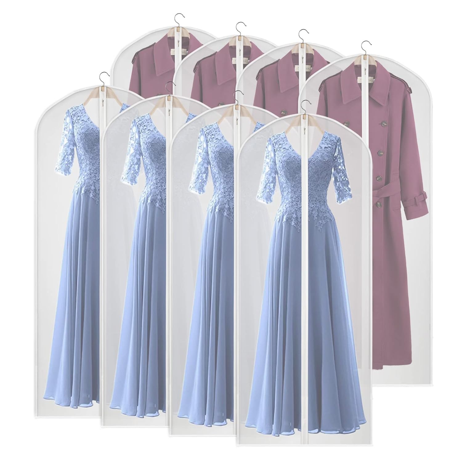 Kntiwiwo Kntiwiwo Clear Garment Bags Set of 8 Dust-Proof Zippered Hanging Clothes Covers for Suits Coats and Long Dresses 24 x 60 Inches
