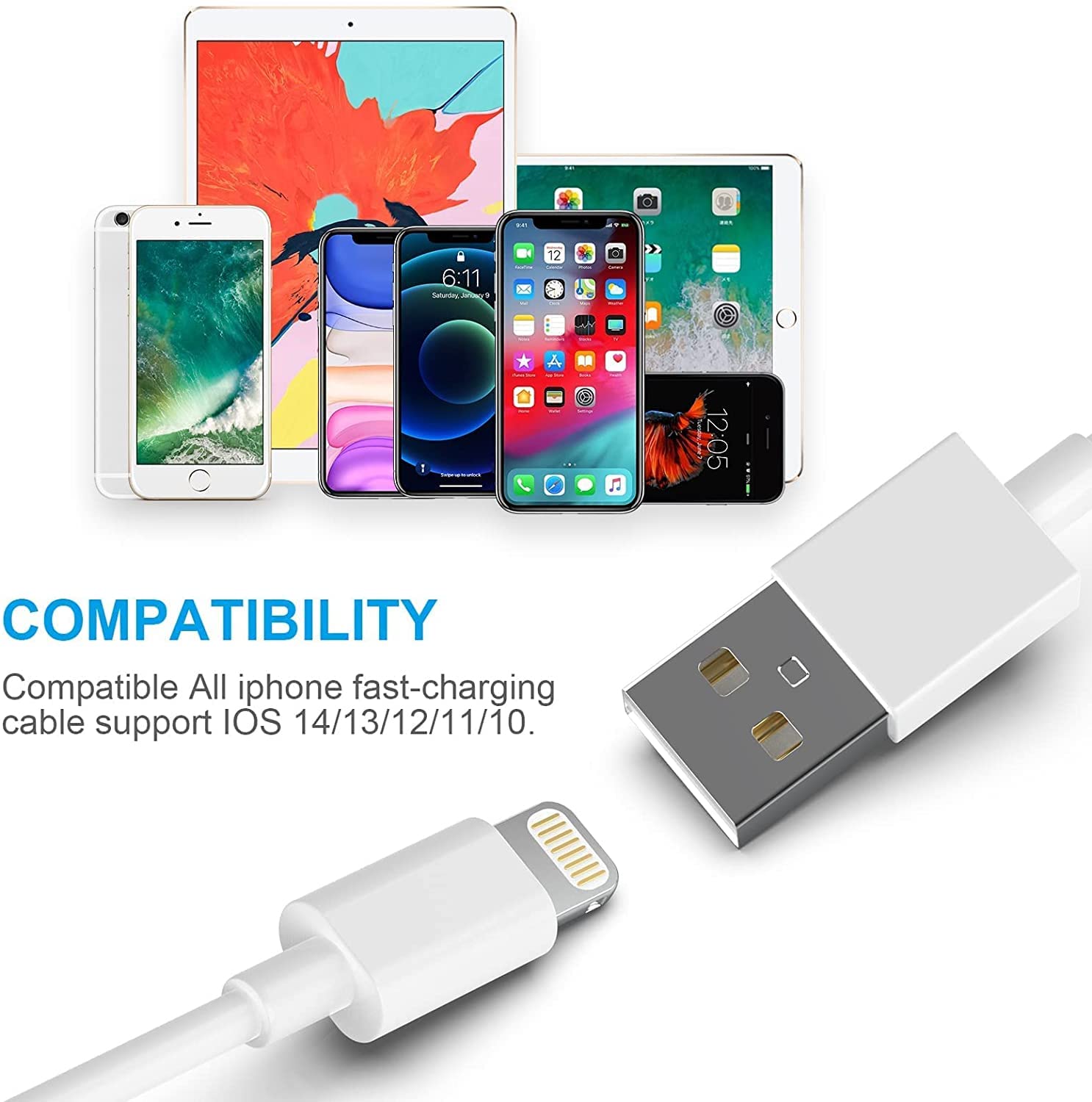 AZMOGDT Apple MFi Certified iPhone Charger 5 Pack Long Lightning Cable Fast Charging Cord Compatible with iPhone 14 13 12 11 Pro Max XS XR 8 Plus - View 7 of 7