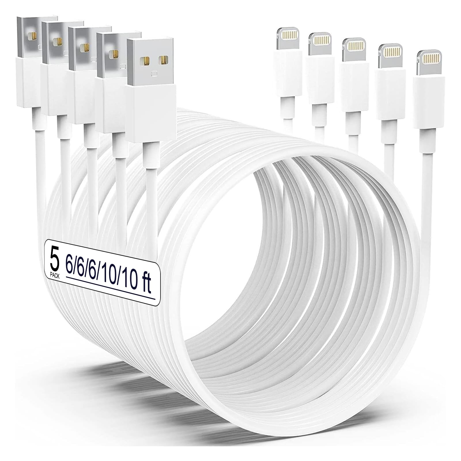 AZMOGDT Apple MFi Certified iPhone Charger 5 Pack Long Lightning Cable Fast Charging Cord Compatible with iPhone 14 13 12 11 Pro Max XS XR 8 Plus