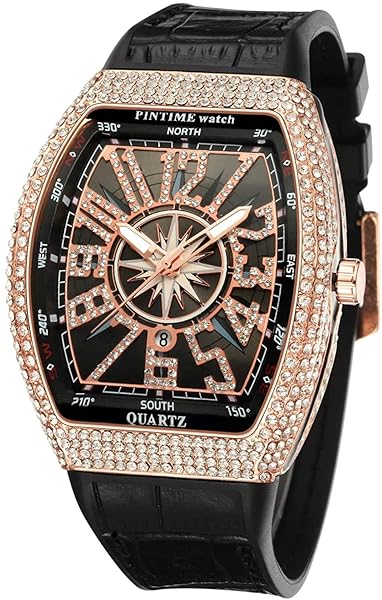 Shop Gosasa Men's Unique Tonneau Watch - Iced Out Bling Quartz Wristwatch in Red & Black Rose Gold