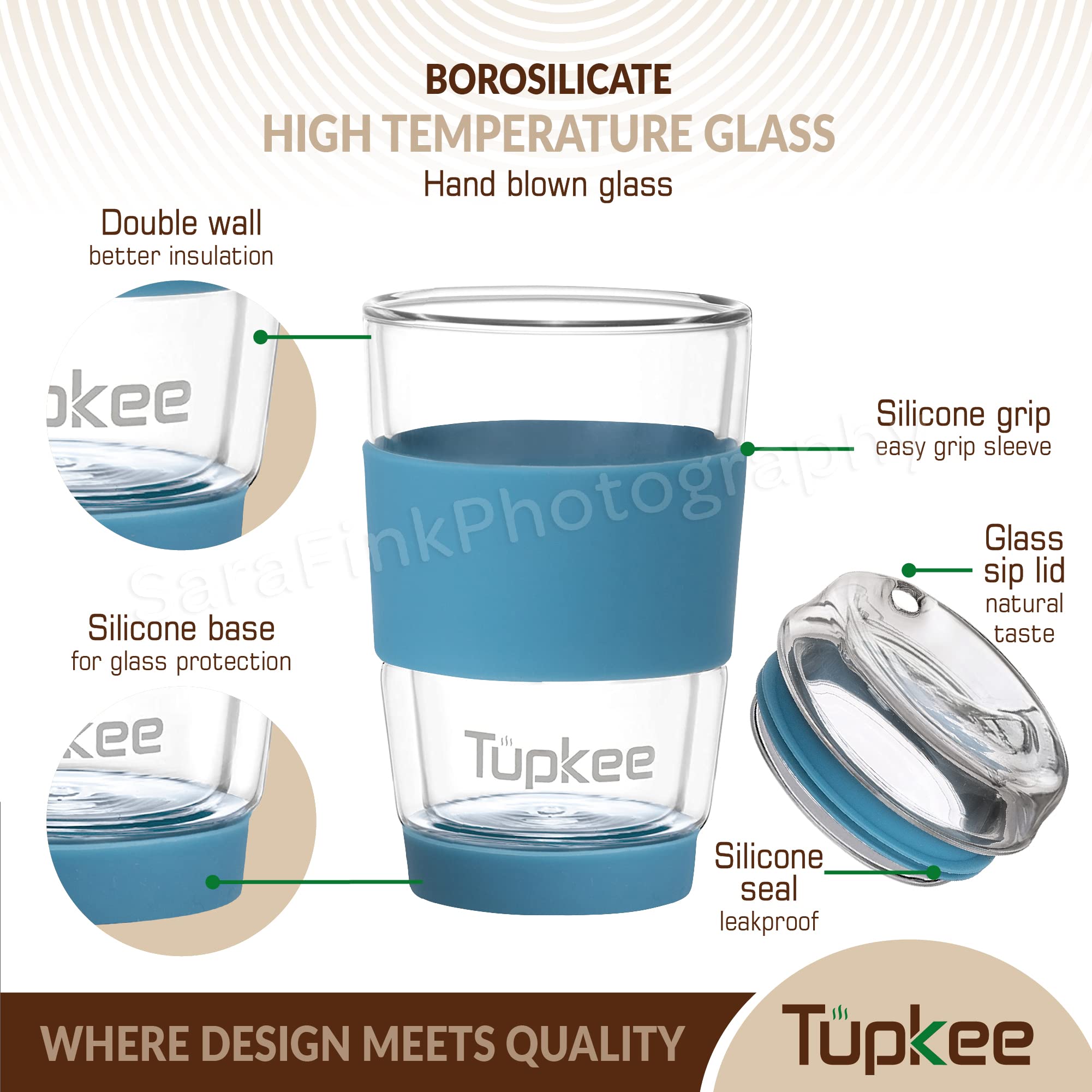 Tupkee Tupkee Double Wall Glass Tumbler 8 Ounce Reusable Insulated Tea Coffee Mug with Lid Hand Blown Glass Travel Mug Niagara - View 2 of 7