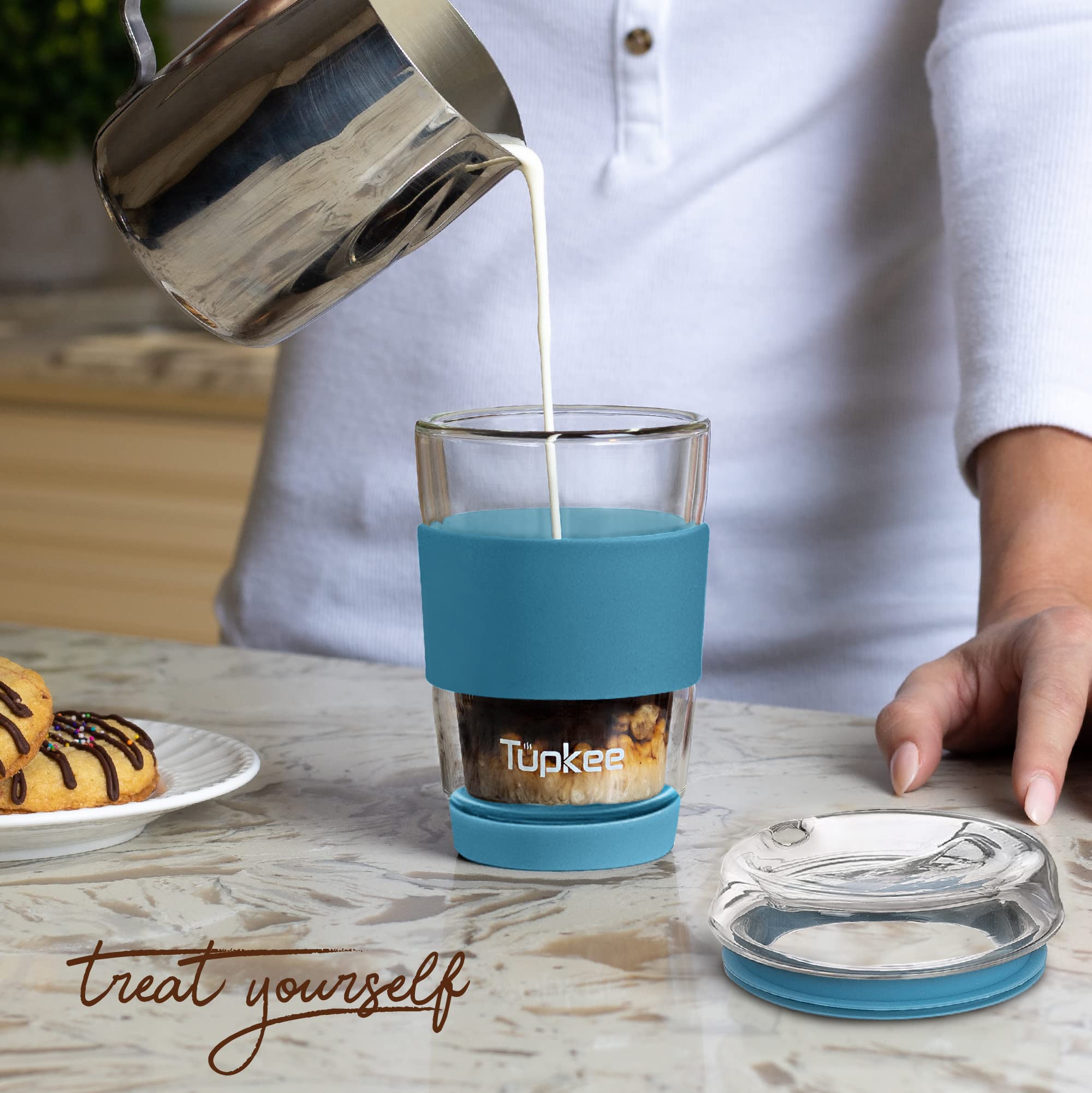 Tupkee Tupkee Double Wall Glass Tumbler 8 Ounce Reusable Insulated Tea Coffee Mug with Lid Hand Blown Glass Travel Mug Niagara - View 3 of 7