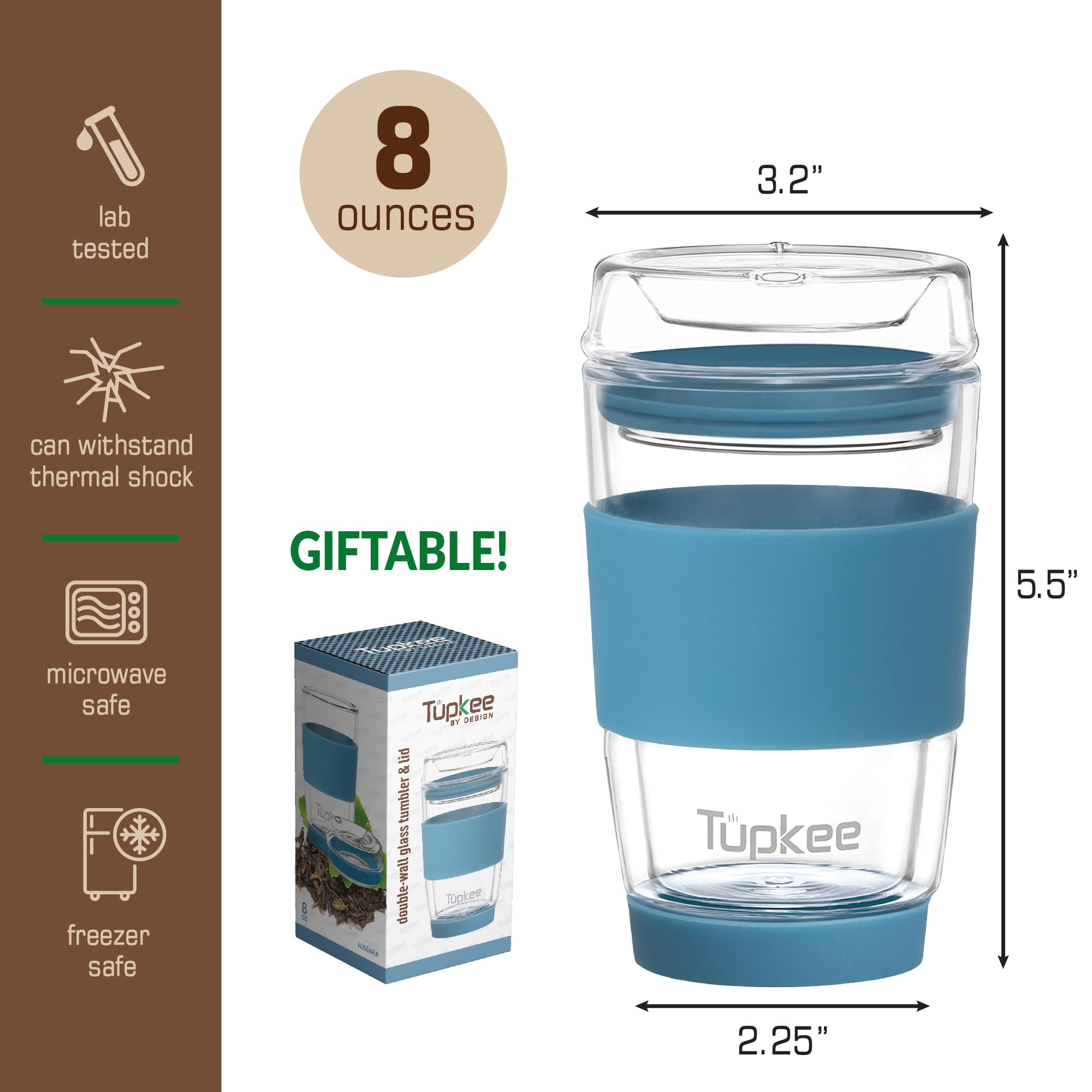Tupkee Tupkee Double Wall Glass Tumbler 8 Ounce Reusable Insulated Tea Coffee Mug with Lid Hand Blown Glass Travel Mug Niagara - View 5 of 7