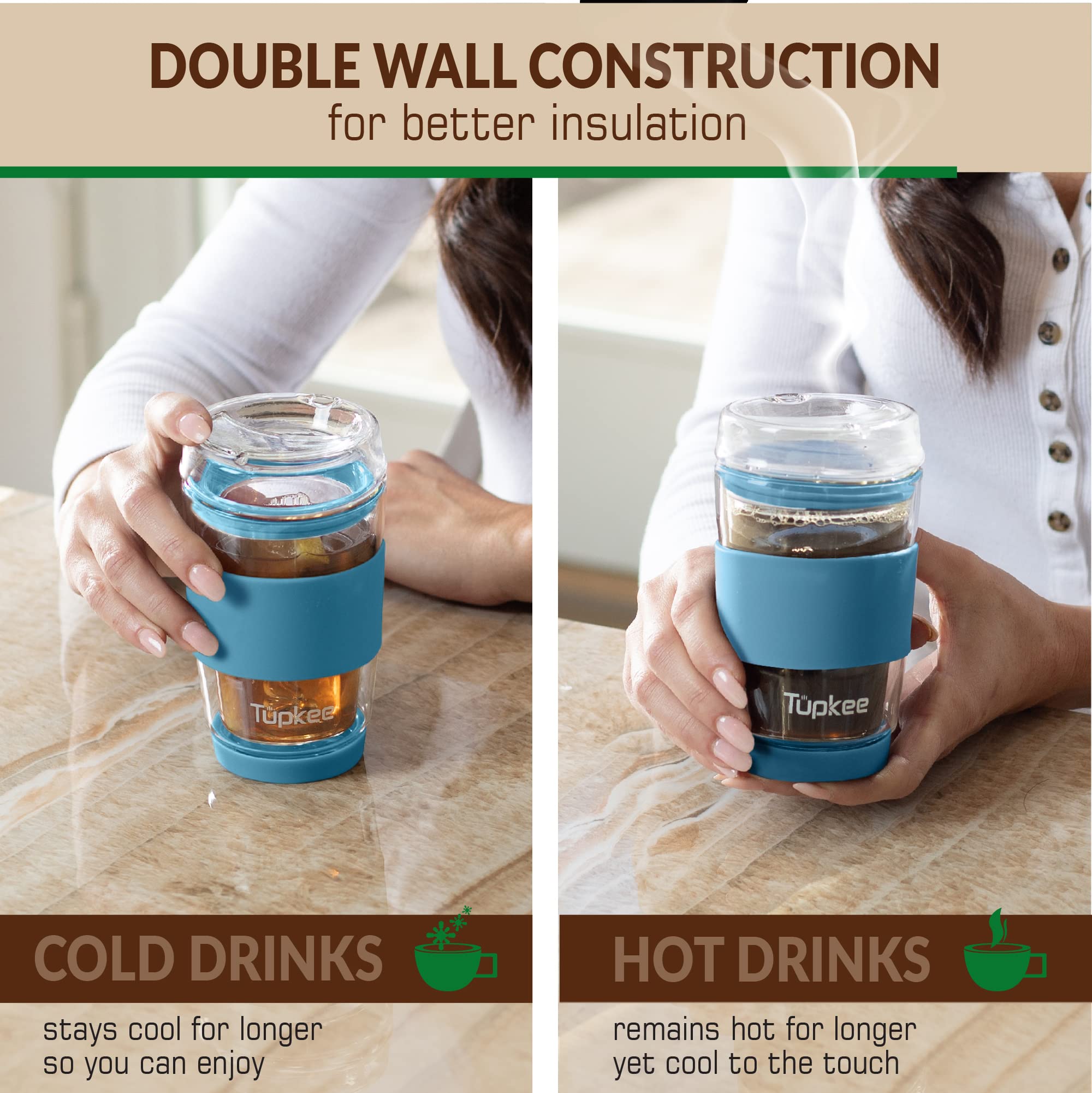 Tupkee Tupkee Double Wall Glass Tumbler 8 Ounce Reusable Insulated Tea Coffee Mug with Lid Hand Blown Glass Travel Mug Niagara - View 6 of 7