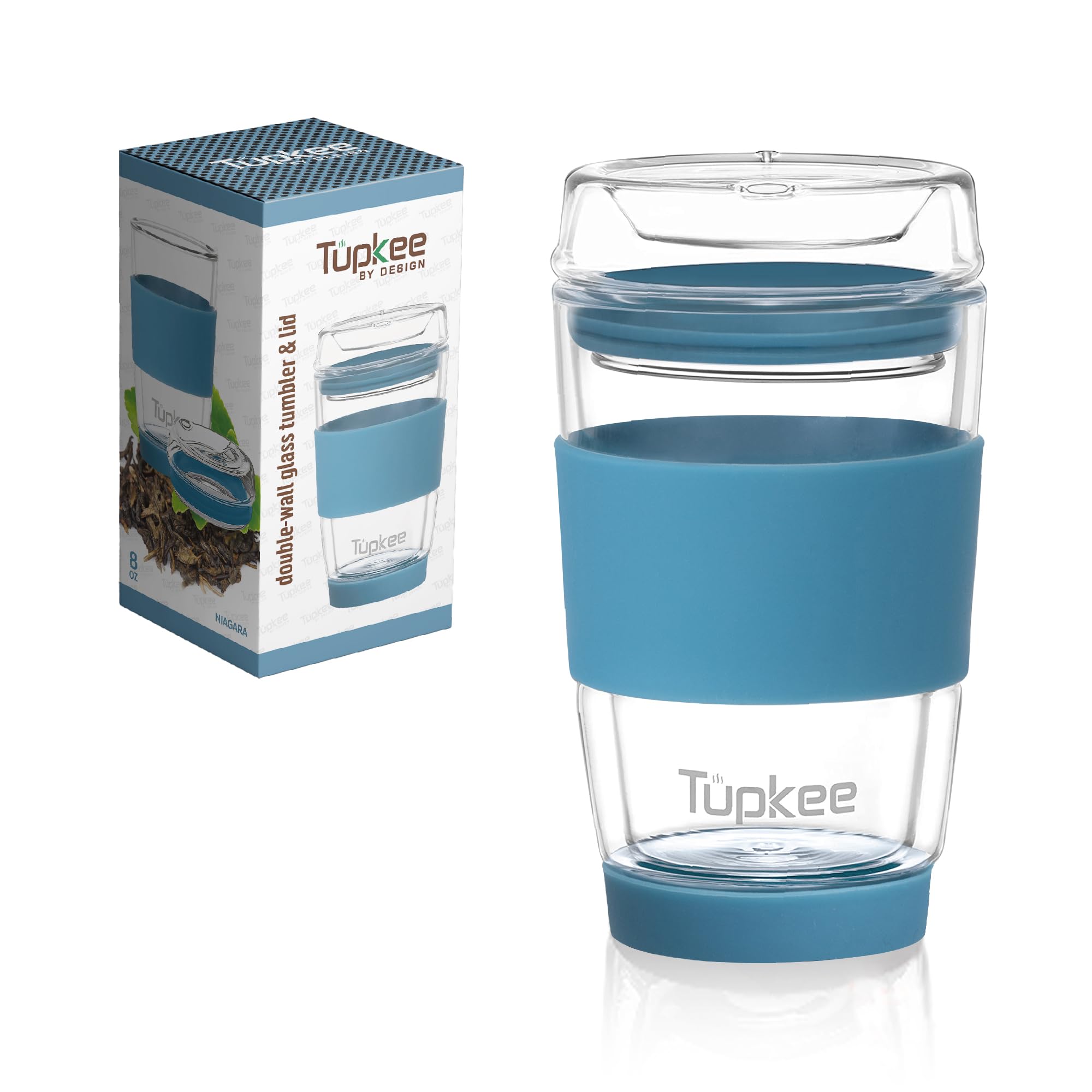 Tupkee Tupkee Double Wall Glass Tumbler 8 Ounce Reusable Insulated Tea Coffee Mug with Lid Hand Blown Glass Travel Mug Niagara