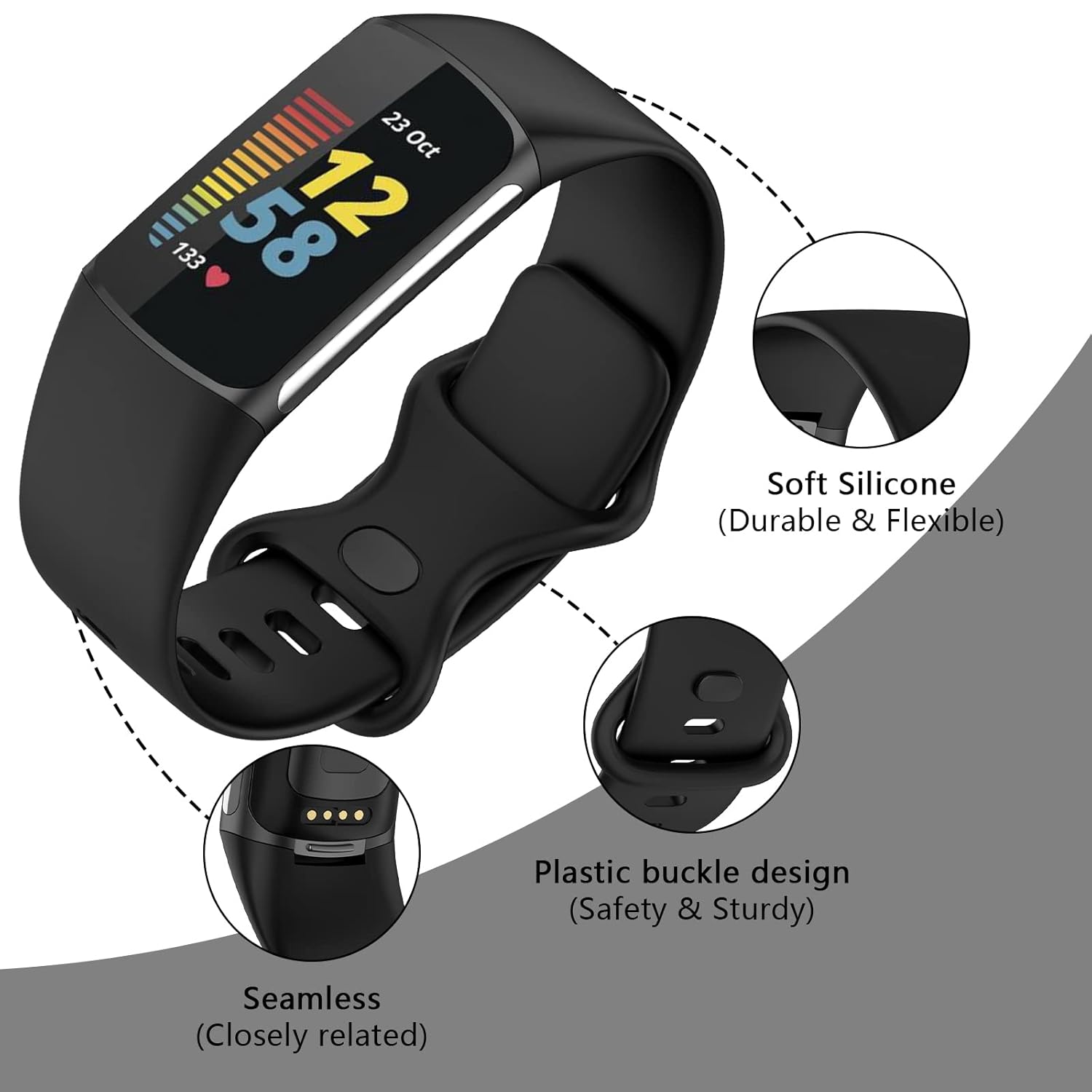 TopPerfekt TopPerfekt Adjustable Soft Silicone Bands for Fitbit Charge 5 Sport Replacement Straps for Men and Women - View 3 of 9