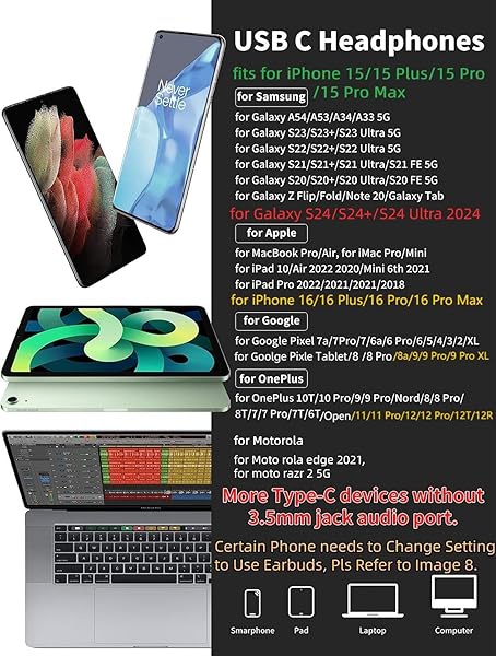 TITACUTE USB C Headphones for iPhone 16 Pro Max & Samsung Galaxy - Noise Cancelling Earbuds with Mic Control - View 6 of 9