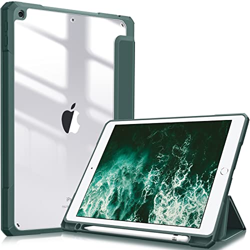 Fintie Hybrid Slim Case for iPad 9th 8th 7th Generation 10.2 Inch with Built-in Pencil Holder Shockproof Clear Back Midnight Green