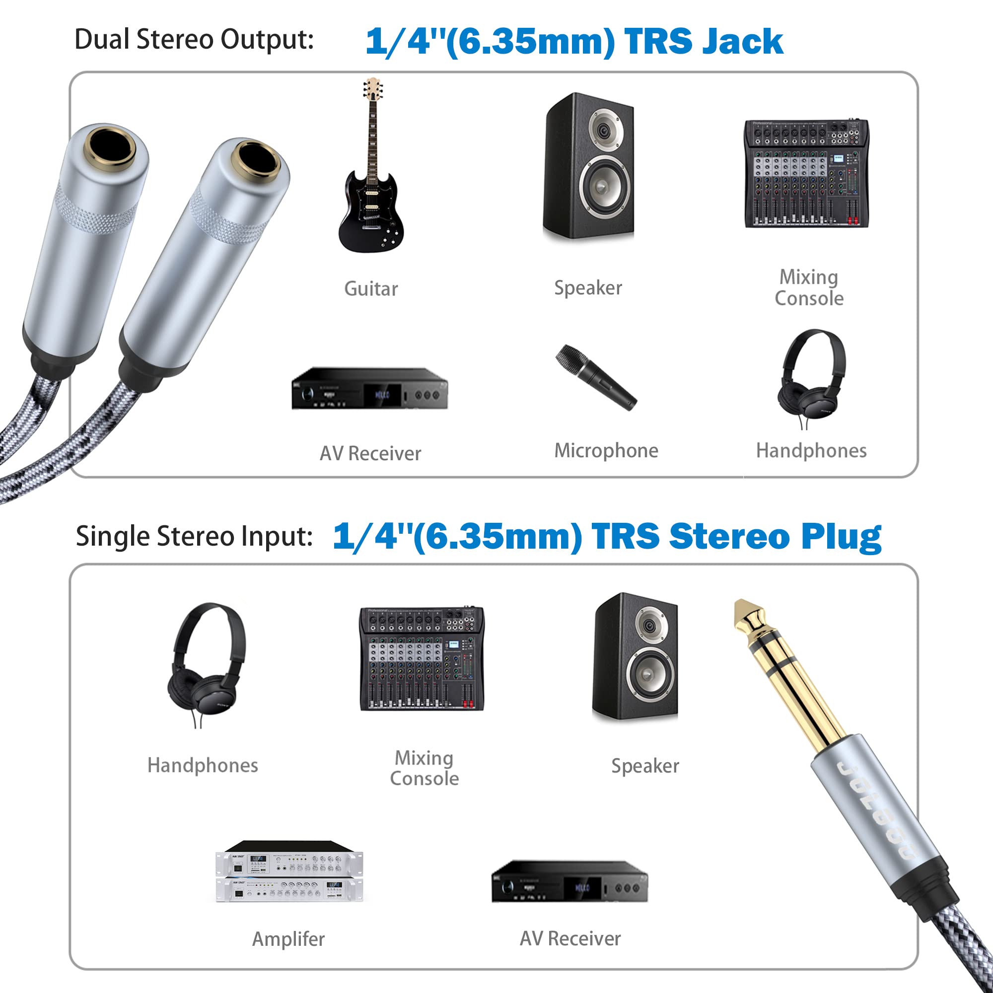 JOLGOO JOLGOO 1/4 Splitter Adapter Cable 12 inches Male to Dual Female Y Splitter for Stereo Audio Connections - View 2 of 7