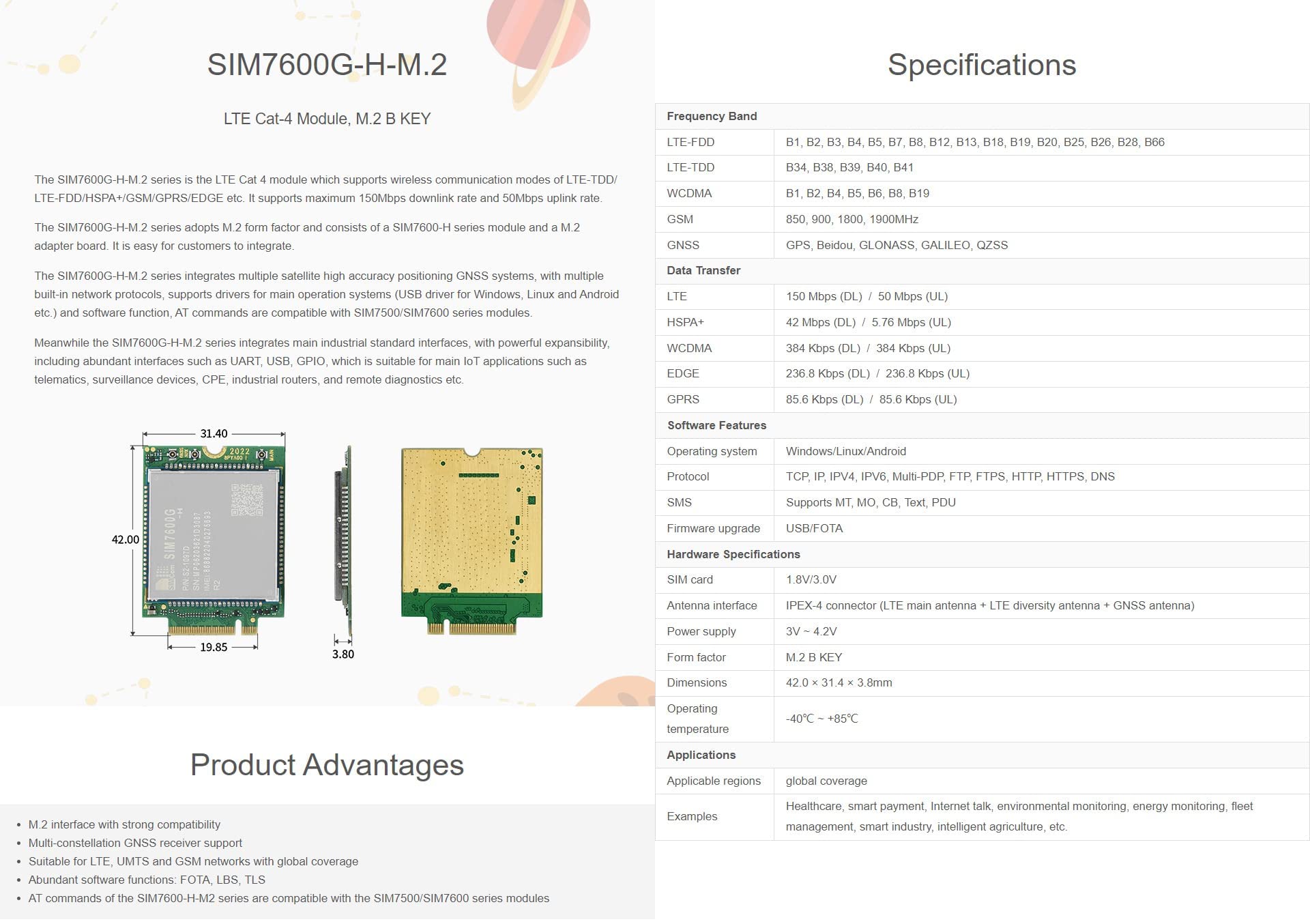 waveshare Waveshare SIM7600G-H-M2 4G LTE Cat-4 Module with GNSS Global Coverage M.2 B Key Connector for LTE TDD FDD HSPA GSM GPRS Edge - View 4 of 7