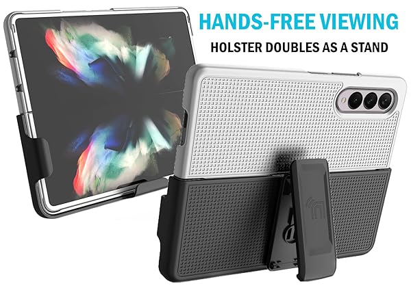 Nakedcellphone Galaxy Z Fold 3 5G Case with Clip & Holster - Slim Hard Cover & Stand Combo in Pearl White - View 6 of 11