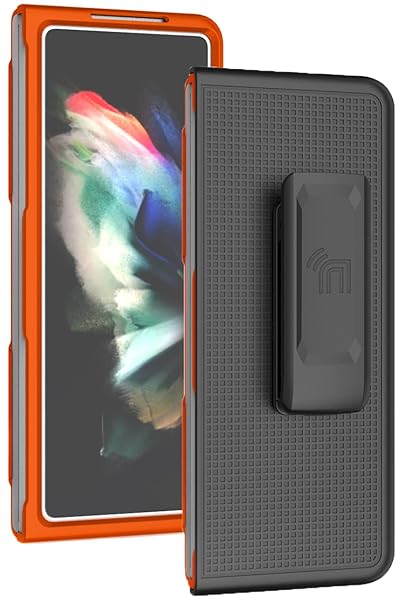 Nakedcellphone Galaxy Z Fold 3 Case with Clip & Belt Holster - Slim Hard Cover in Bright Orange | Nakedcellphone Grid Texture Combo - View 4 of 11
