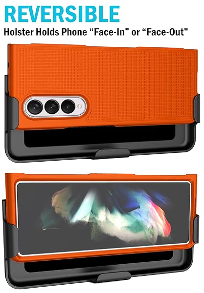 Nakedcellphone Galaxy Z Fold 3 Case with Clip & Belt Holster - Slim Hard Cover in Bright Orange | Nakedcellphone Grid Texture Combo - View 5 of 11