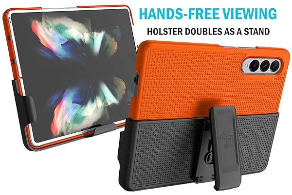 Nakedcellphone Galaxy Z Fold 3 Case with Clip & Belt Holster - Slim Hard Cover in Bright Orange | Nakedcellphone Grid Texture Combo - View 6 of 11