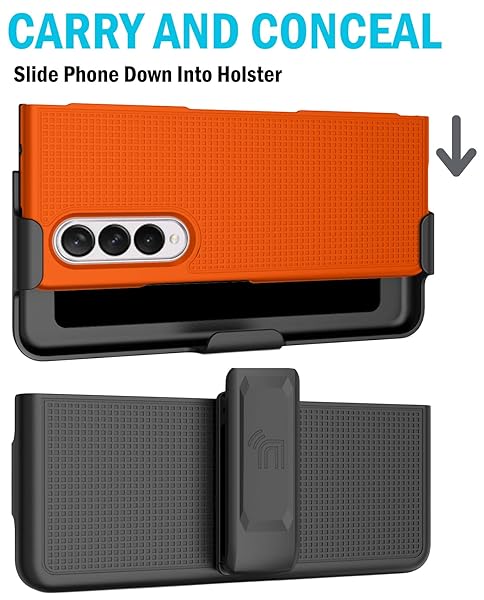 Nakedcellphone Galaxy Z Fold 3 Case with Clip & Belt Holster - Slim Hard Cover in Bright Orange | Nakedcellphone Grid Texture Combo - View 7 of 11